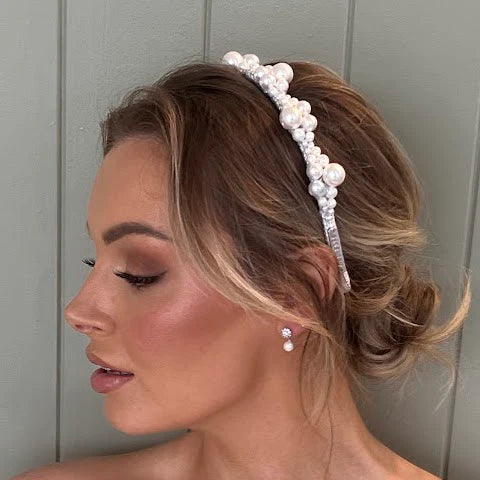 A'el Este Charlotte Bridal Pearl Headband - Silver Wedding Hair Accessory for Brides, Bridesmaids & Formal Events