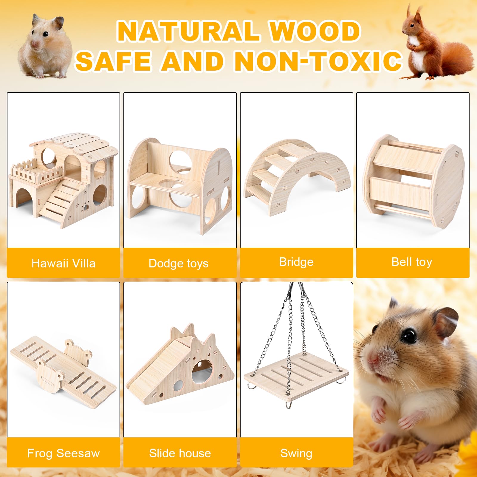 7pcs Wooden Hamster Cage Accessories Set - Hamster House, Exercise Ball, Seesaw Bridge, Hideout & Swing Toys for Hamsters, Guinea Pigs & Small Pets | Perfect for Cage Enrichment & Playtime Activities