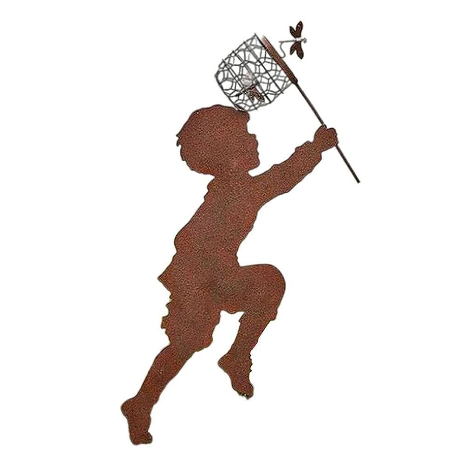 JHGH 1PC Metal Silhouette Garden Art - Boy & Girl Chasing Design for Yard, Lawn, Planter Decoration (Brown) - Perfect for Outdoor Decor, Patio Landscaping & Backyard Ornaments
