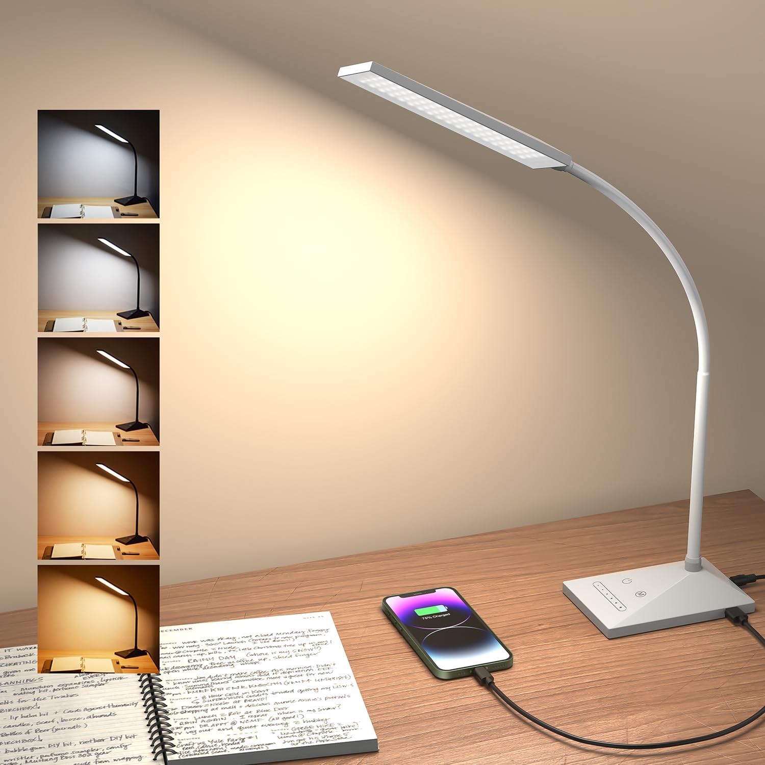LED Desk Lamp with USB Charging Port - 7 Brightness Levels & 5 Color Modes - Touch Control & Memory Function - Flexible Gooseneck Eye-Caring Reading Light for Home, Office, Study, and Dorm Room - White