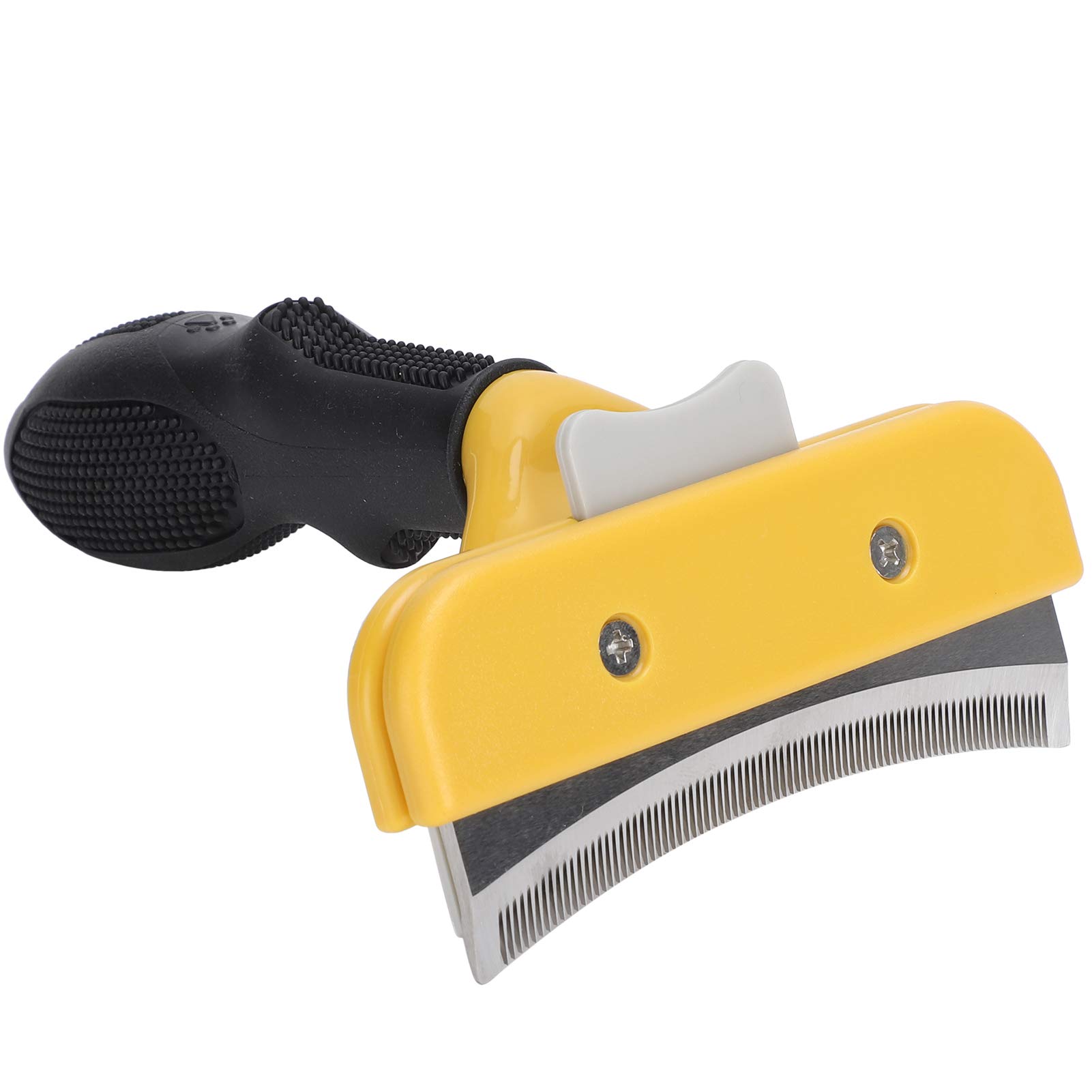Germerse Pet Deshedding Brush - Curved Teeth Comb for Dogs, Cats, Bunnies & Puppies | Smooth Grooming Tool with Press Button | Large Yellow | Perfect for Home Grooming & Shedding Control