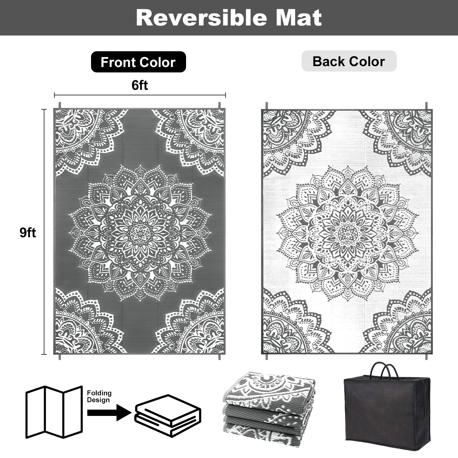 Yamaziot 6x9 ft Waterproof Outdoor Rug - Reversible Plastic Straw Mat for Patio, Camping, RV, Porch, Deck, Backyard, Balcony & Picnic - Durable Grey Exterior Carpet for All-Weather Use