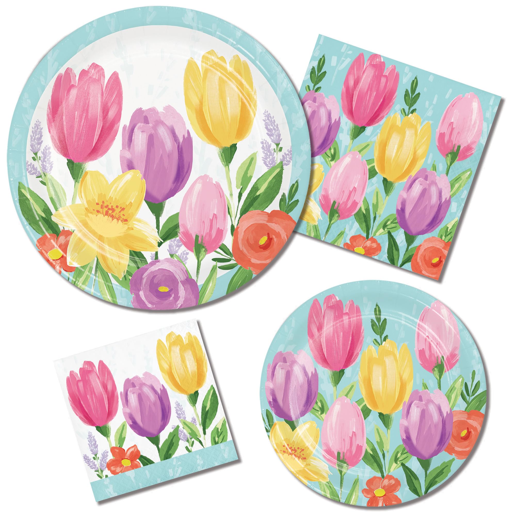 Pastel Blue Tulip Floral Paper Dinner Plates, Lunch Napkins & Forks Set - 16-Piece Spring Tableware for Easter, Baby Shower, Bridal Shower & Garden Party Decorations