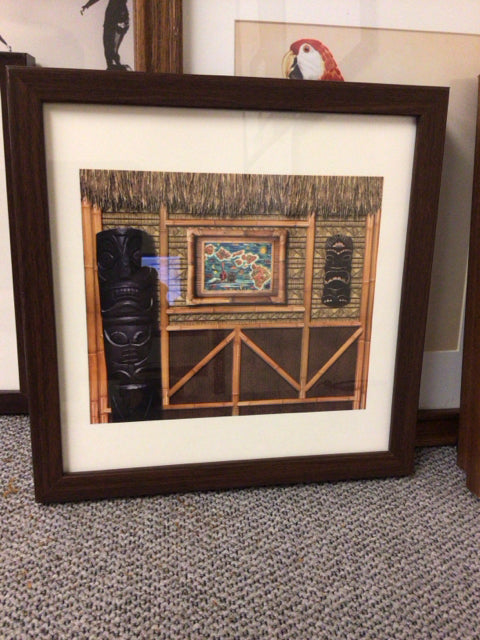 11 1/8 Inch Square Brown Wood Frame Tiki Wall Art Print - Tropical Hawaiian Decor for Living Room, Bedroom, Bar & Beach House