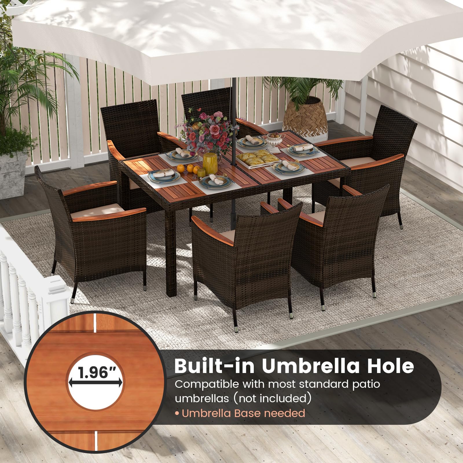 Tangkula 7-Piece Outdoor Wicker Dining Set with Acacia Wood Table & 6 Stackable Chairs - Patio Furniture with 1.96