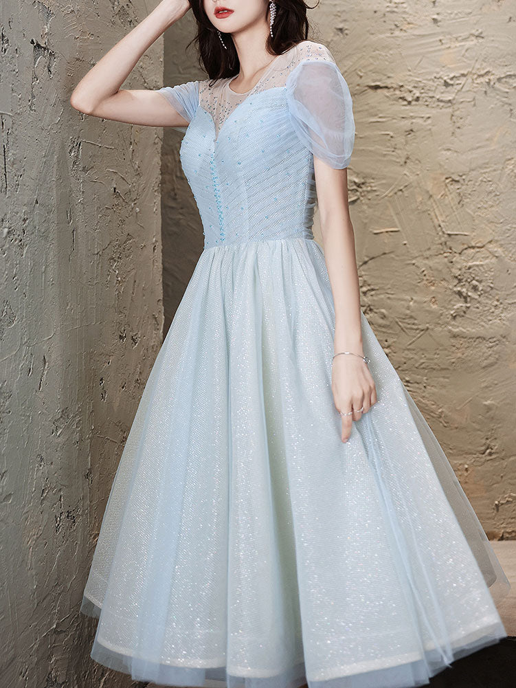 Elegant Blue Round Neck Tulle Short Prom Dress - Homecoming Party Gown for Teens | Perfect for Prom Night, Homecoming Dance & Special Occasions