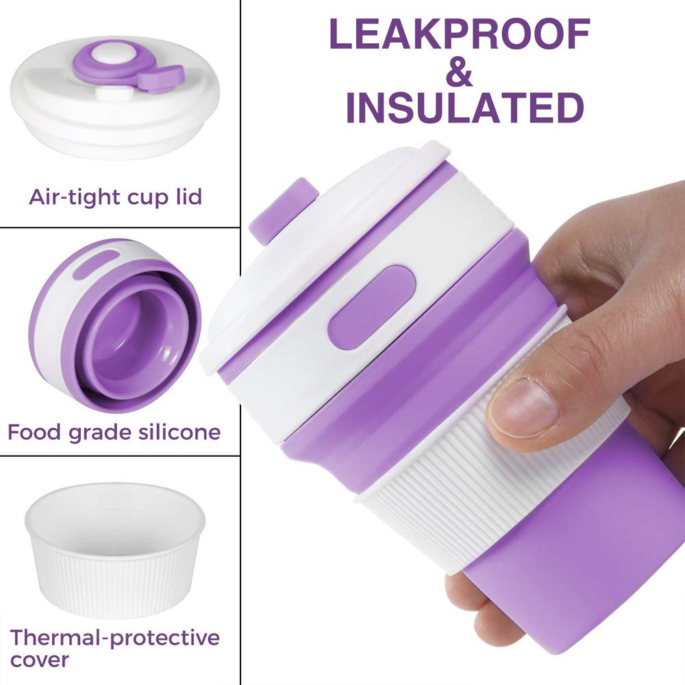 Fullgaden Collapsible Silicone Travel Cup with Lid - Leak-Proof Portable Drinking Mug for Water, Coffee & Soda - Compact Reusable Cup for Hiking, Camping, Picnics & Outdoor Adventures (Purple)