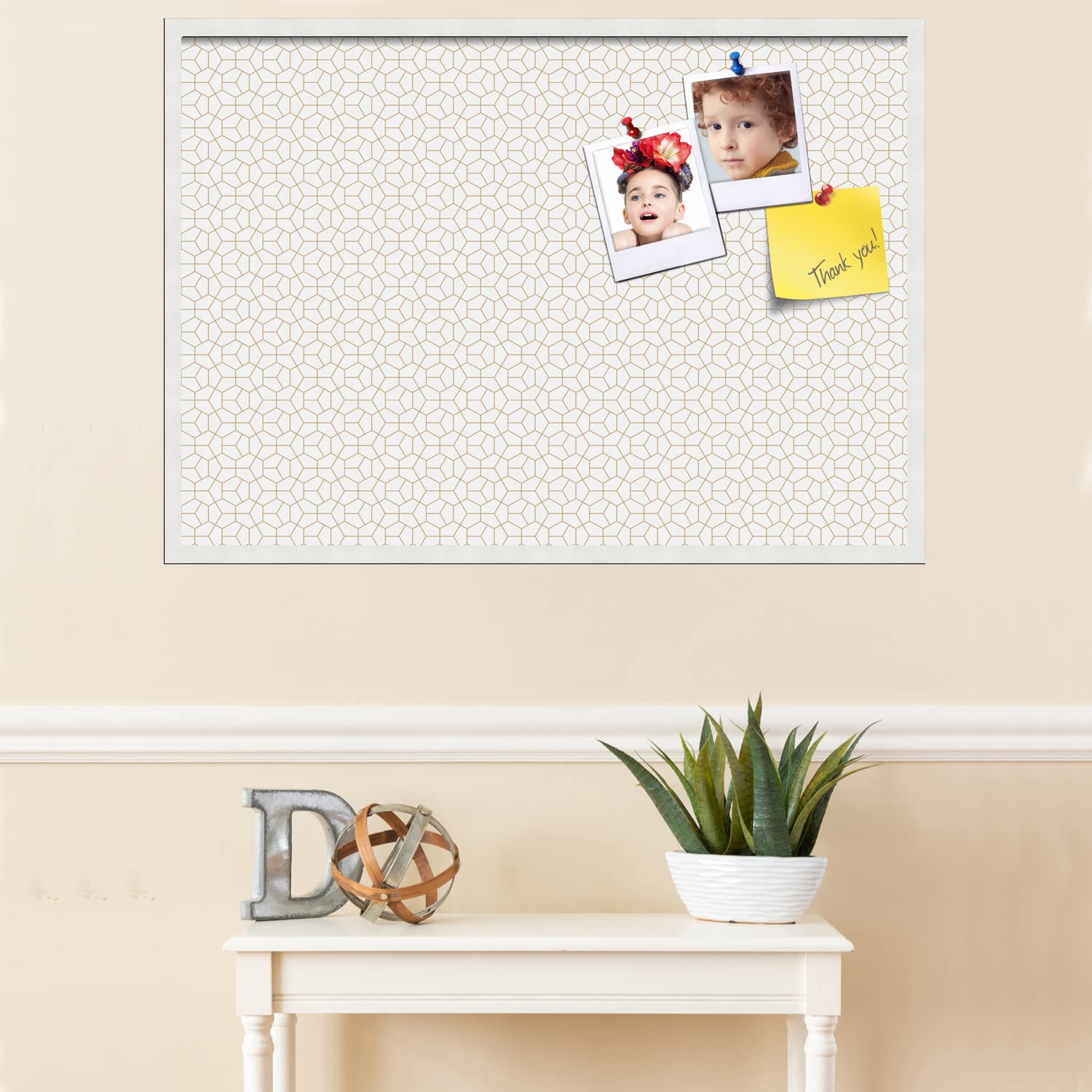 PinPix 40x28 Inch Cork Bulletin Board with Hex Gold Design & Satin White Frame - Stylish Wall Organizer for Home Office Decor, School Classroom, Dorm Room, or Workspace (PinPix-1537)