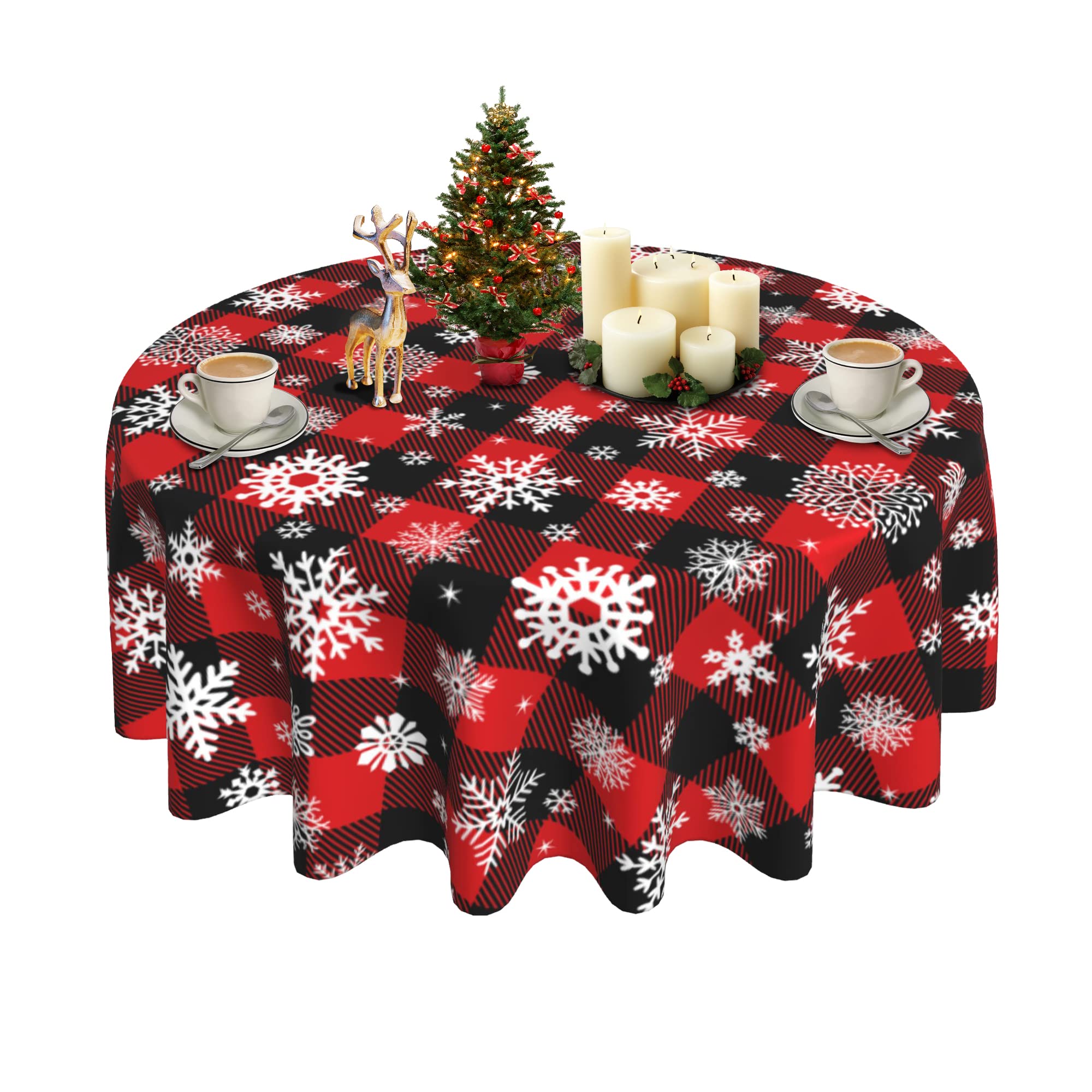 60 Inch Buffalo Plaid Christmas Tablecloth - Waterproof, Wrinkle-Resistant, Washable Round Table Cover with Snowflake Design for Holiday Kitchen & Home Decor | Perfect for Christmas Dinner, Party Decorations and Festive Gatherings