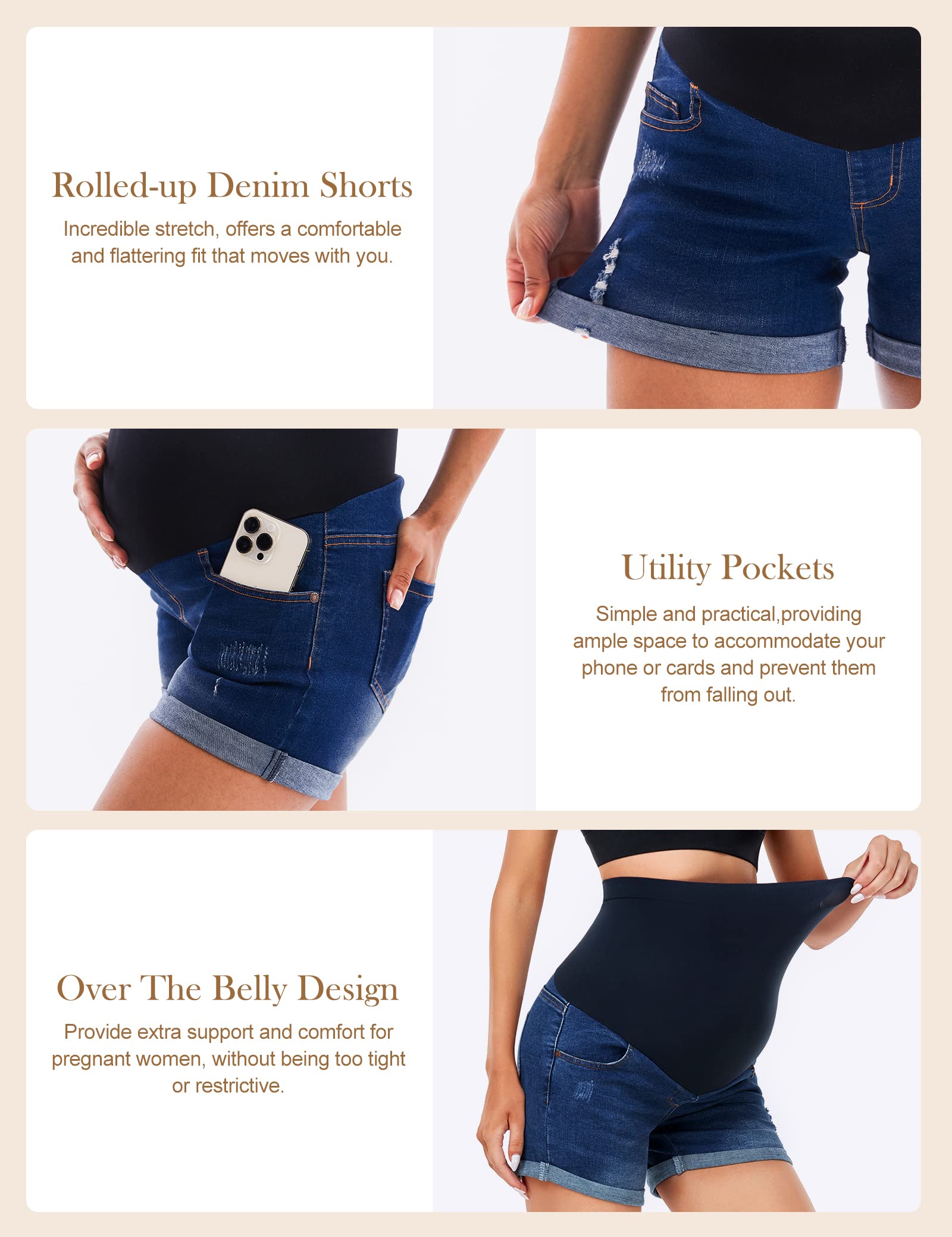 HOFISH Women's Maternity Jeans Shorts - Over The Belly Stretchy Denim Shorts for Pregnancy - Comfortable Casual & Workout Maternity Wear - Perfect for Daily Use, Office, and Outdoor Activities