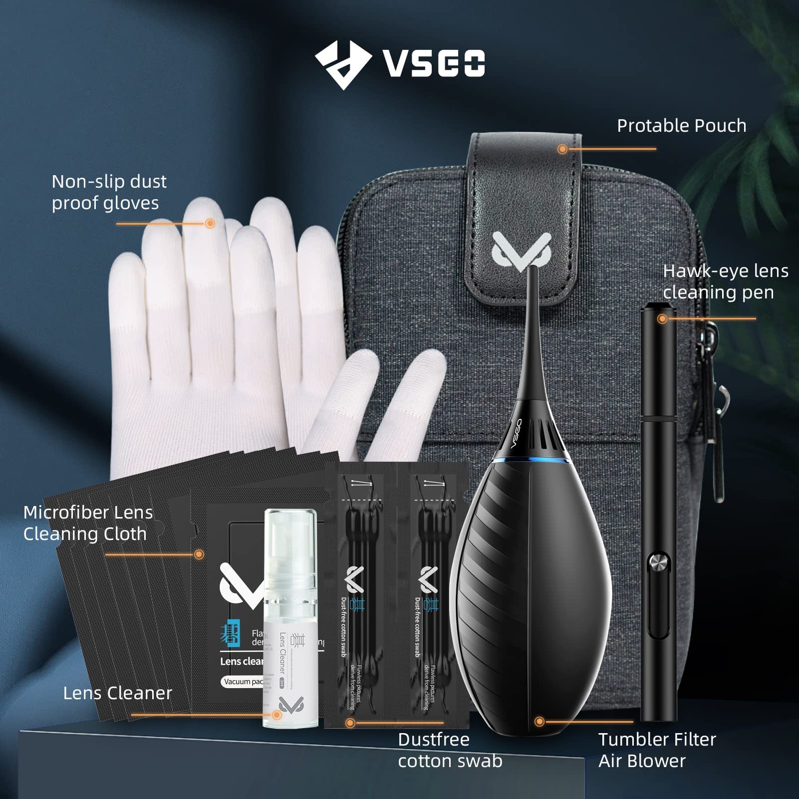 VSGO VS-A3E Professional Camera Cleaning Kit - Portable Bag, Air Blower, Lens Cleaning Pen, Spray, Cotton Swabs & Microfiber Cloth with V-B03E Outdoor Air Blower | Perfect for DSLR, Mirrorless & Action Camera Maintenance