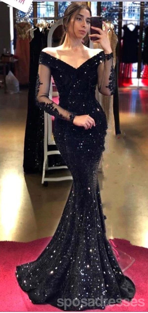 Elegant Black Mermaid Long Sleeve Off-Shoulder Prom Dress for Women - Perfect for Homecoming, Formal Events & Evening Parties