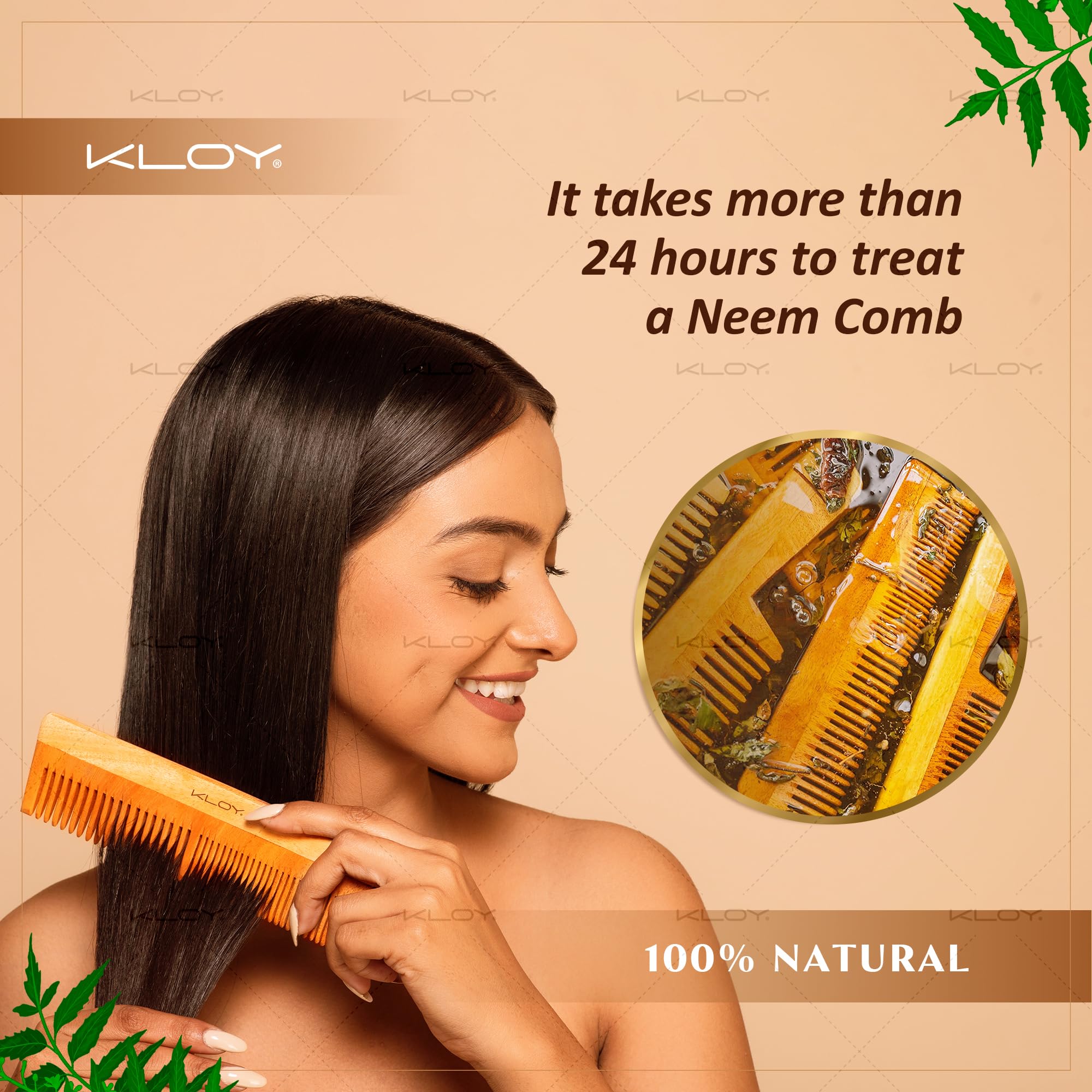 KLOY Oil Treated Kacchi Neem Comb for Hair Growth - Infused with Neem Oil, Bhringraj & 15+ Herbs | Anti Hairfall & Dandruff Control | Frizz & Straightening Comb for Men & Women (Dual Tooth) | Perfect for Daily Hair Care & Scalp Massage