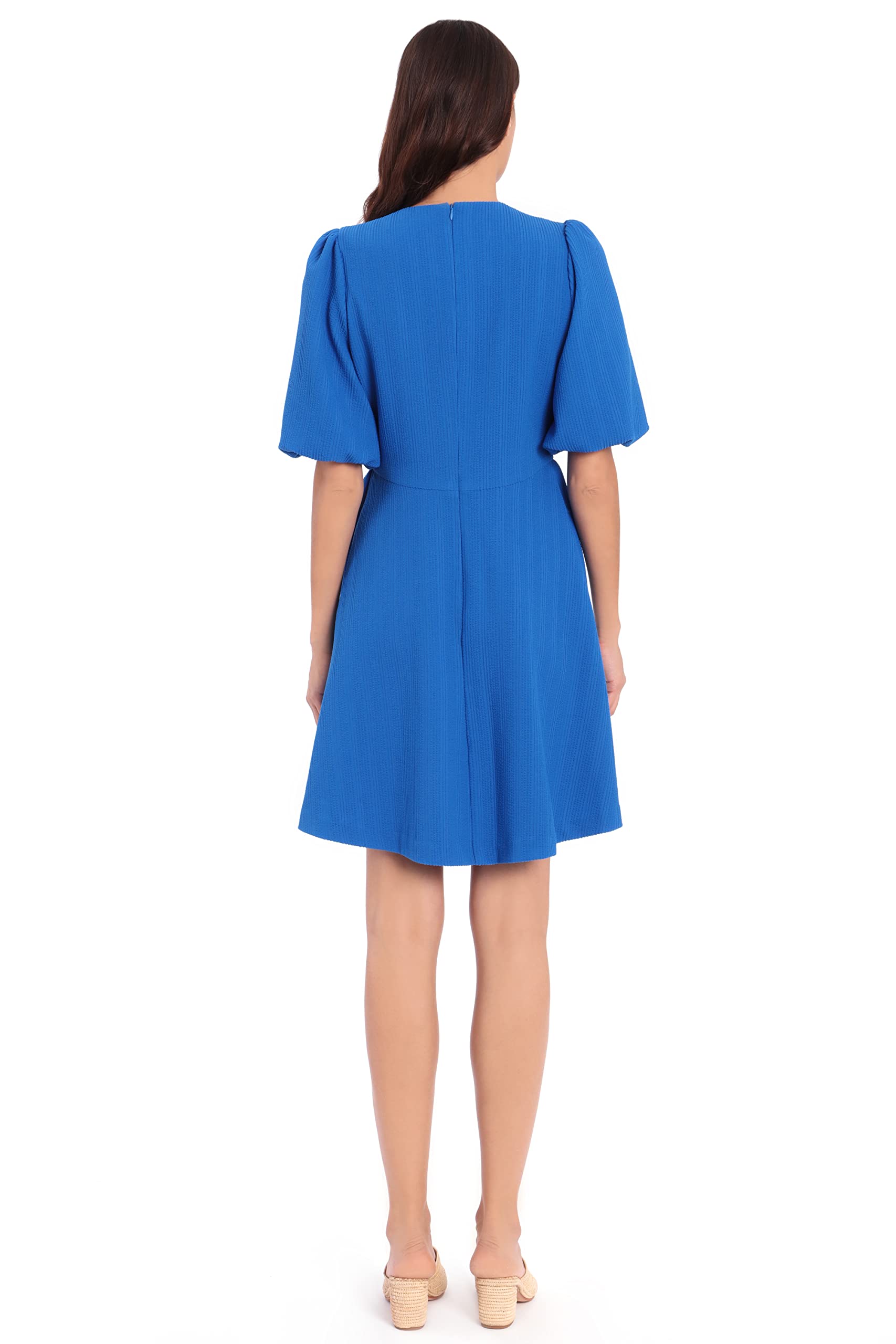 Maggy London Women's Petite Puff Short Sleeve Seersucker Dress - Curved Empire Waist, Shirred Above Knee Skirt | Summer Casual, Garden Party, Wedding Guest Outfit