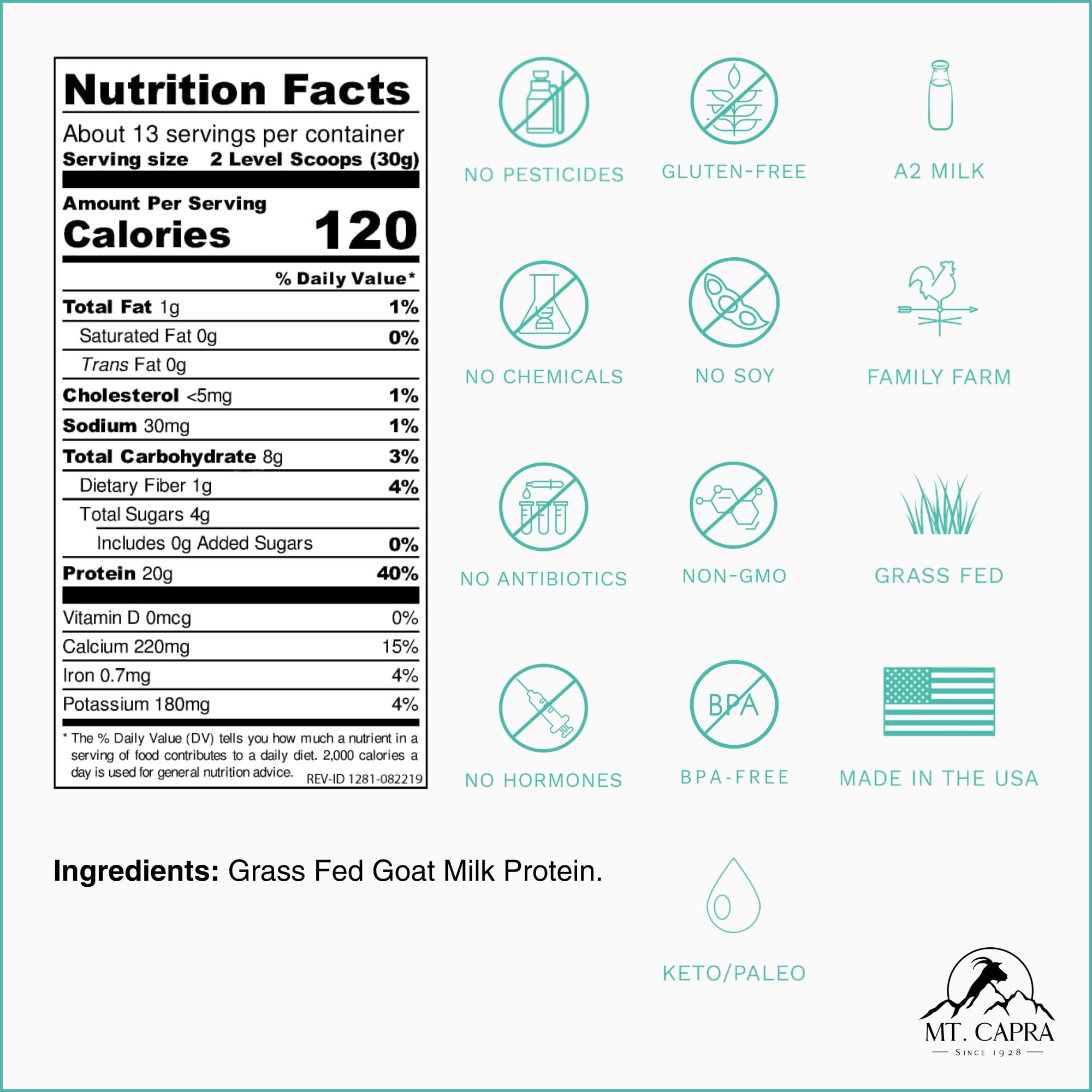 Mt. Capra Clean Whole Protein Powder | Grass-Fed Goat Whey & Casein Protein for Muscle Growth | 20g Protein per Serving, No Sweeteners, Easy Digestion | 13 Servings (400g) - Ideal for Post-Workout Recovery & Healthy Lifestyle