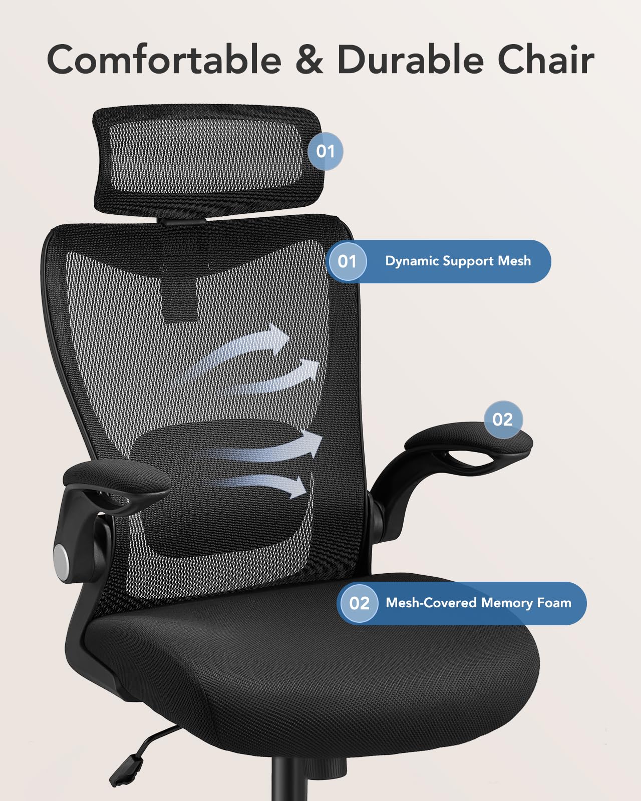 Ergonomic Office Chair with Adjustable Lumbar Support & Headrest - High Back Mesh Computer Chair with Flip-Up Armrests & Wheels for Home Office, Executive Workspace & Gaming Setup
