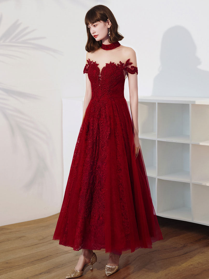Elegant Burgundy Tulle Lace Tea-Length Prom Dress | Burgundy Evening Gown for Homecoming, Wedding Guest & Formal Events