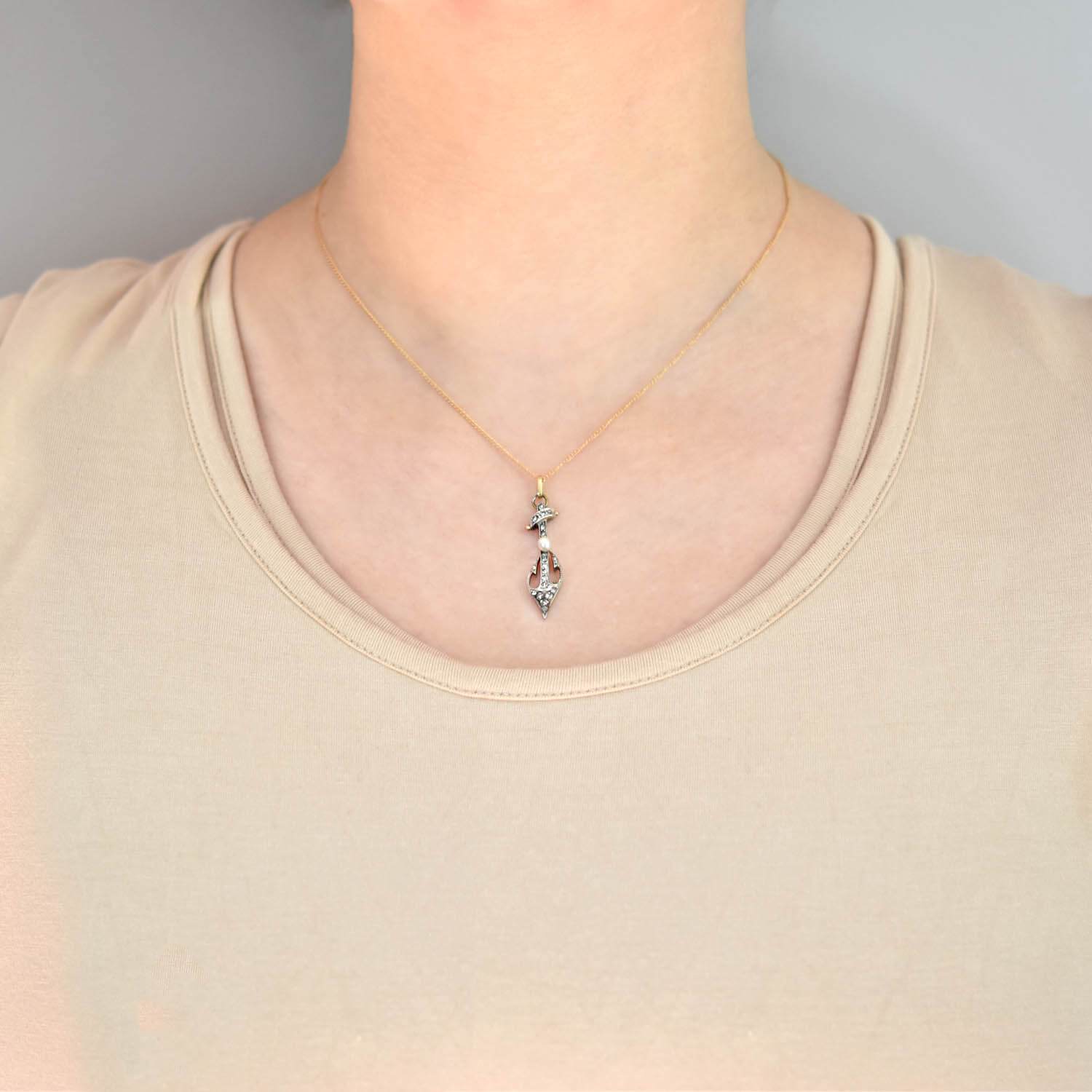 Victorian Style 18K Gold & Sterling Silver Diamond and Pearl Anchor Pendant Necklace - Elegant Jewelry Gift for Women, Perfect for Weddings, Anniversaries and Special Occasions