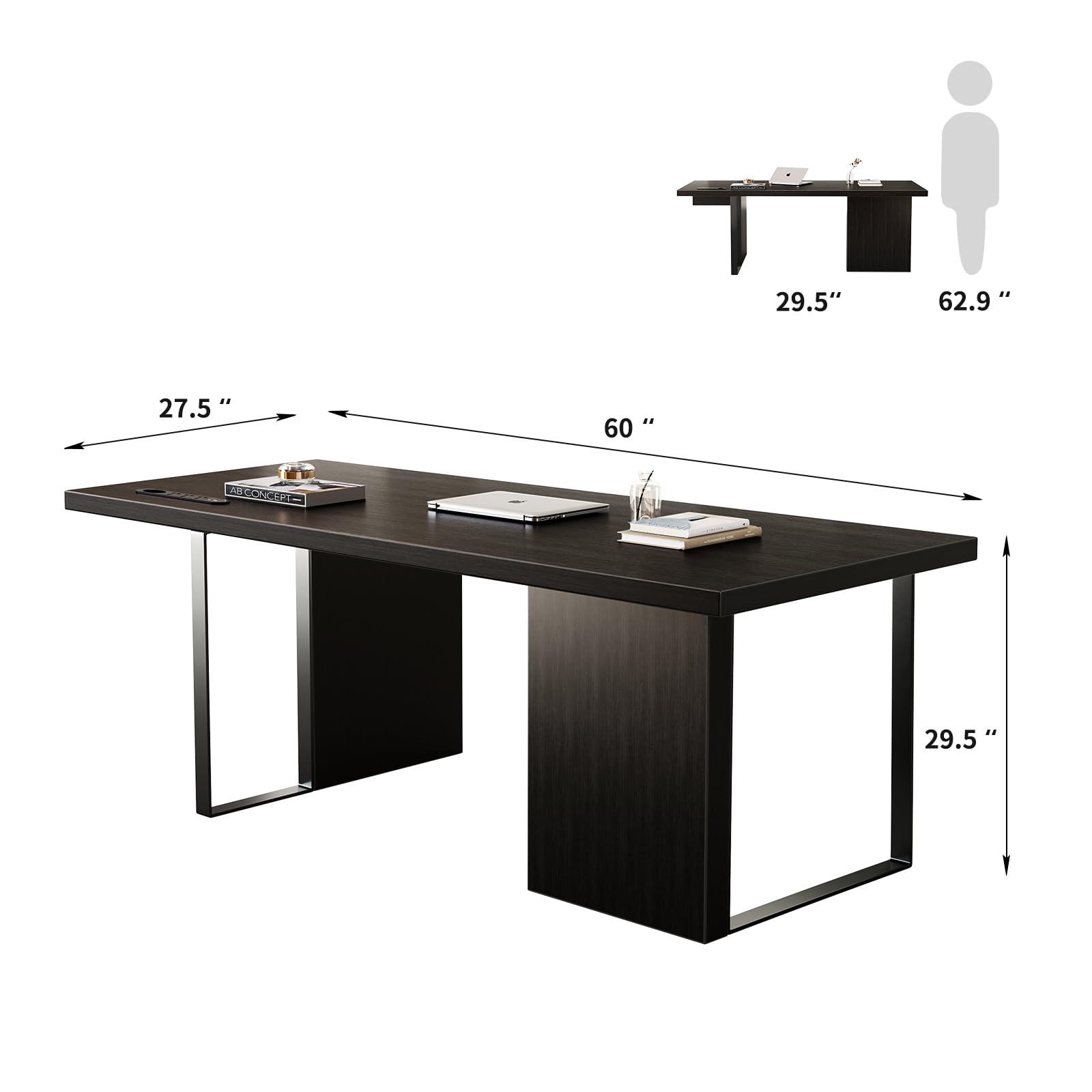 60-Inch Large Executive Desk - Modern Minimalist Wooden Computer Office Desk with Thickened Desktop & Built-in Power Outlet - Home & Business Workstation (Black) - Perfect for Remote Work, Gaming Setup & Office Productivity