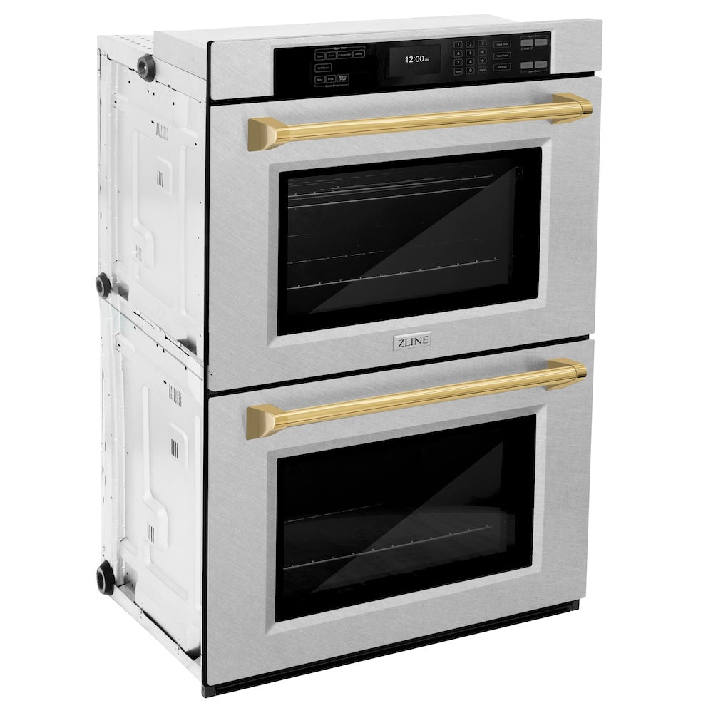 ZLINE 30 Inch Professional True Convection Double Wall Oven with Air Fry & Self-Clean - Satin Stainless Steel & Polished Gold Handles (WADSZ 30 G) - Perfect for Home Chefs & Modern Kitchens