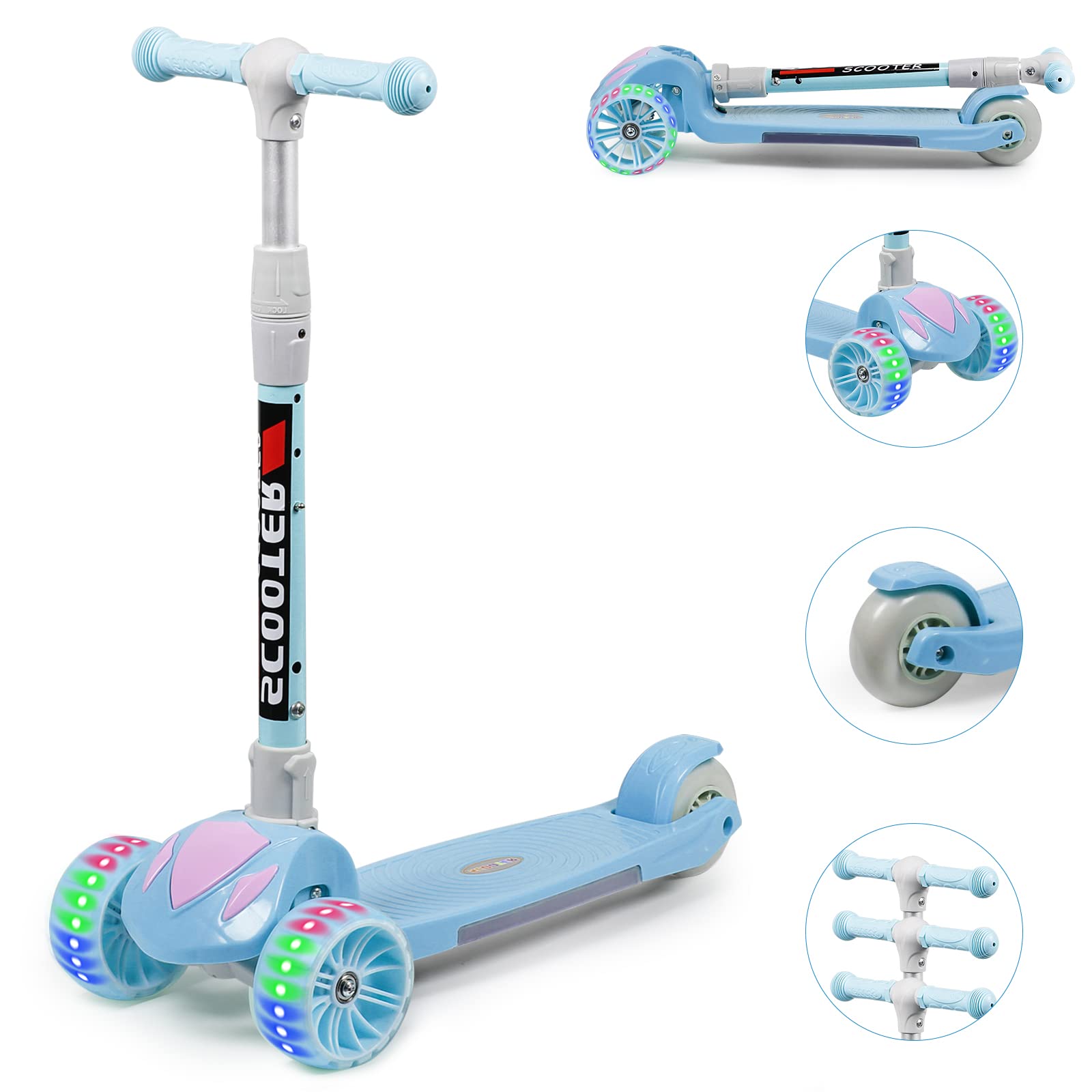 **YHR 3-Wheel LED Light Up Toddler Scooter for Kids Ages 2-12 - Adjustable Height, Extra Wide Deck, Lean-to-Steer Design - Perfect for Boys & Girls Outdoor Play, Commuting, and Christmas Gifts**