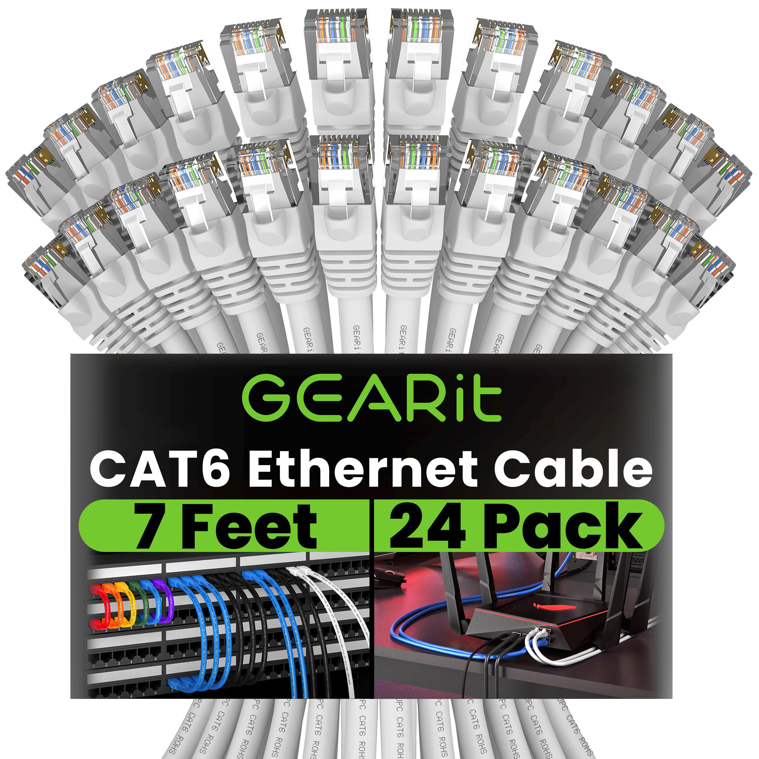 GearIT Cat 6 Ethernet Cable 24-Pack (7 Feet) - 10Gbps High-Speed Snagless RJ45 Network Patch Cord with Gold-Plated Connectors - for PC, Laptop, TV, Router, Gaming, Home Office & Data Center - White