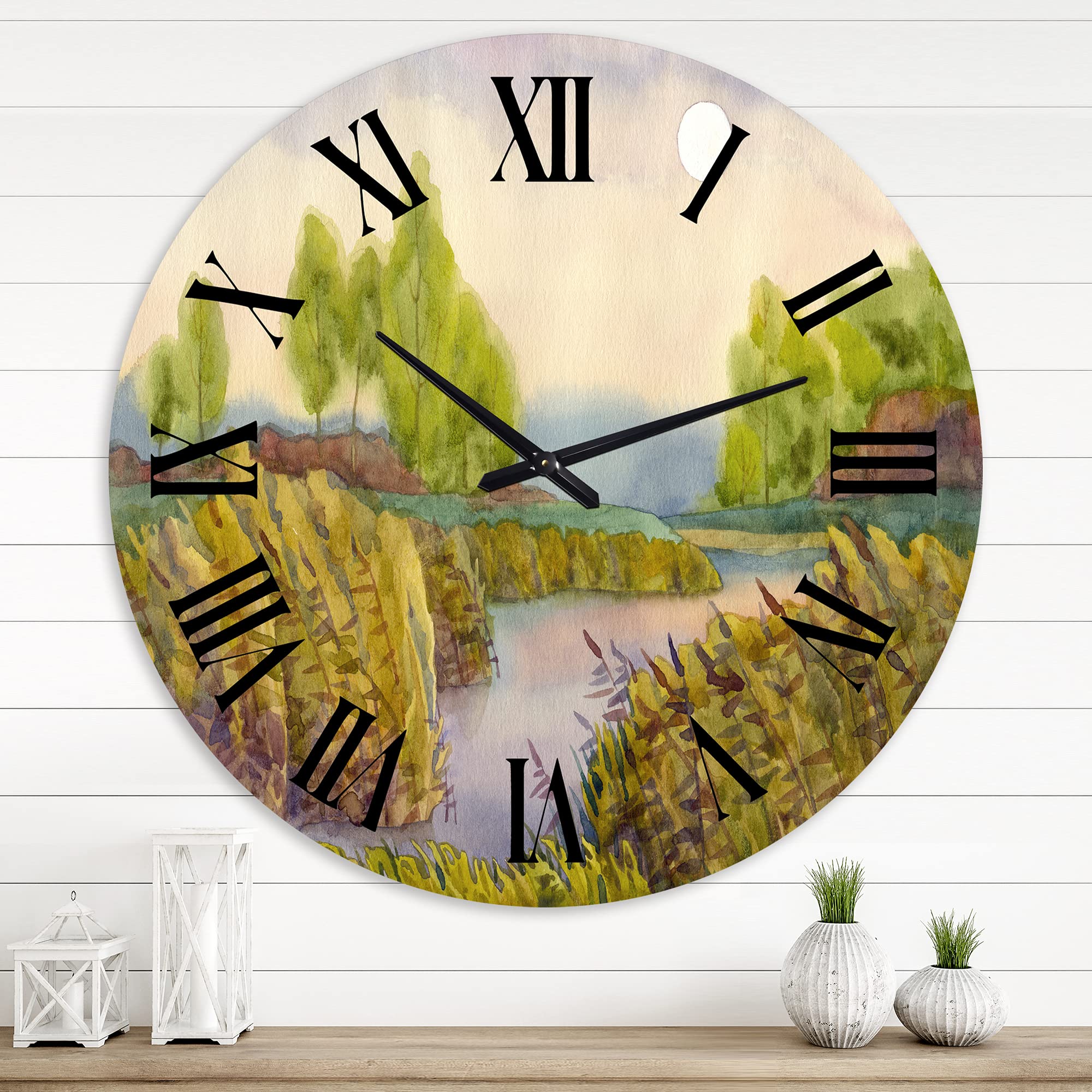 DesignQ Nautical Coastal Wall Clock - 'Lake in The Reeds' Landscape Nature Decor - Large Rustic Wooden Wall Clock for Living Room, Bedroom, Office & Kitchen - Perfect for Home, Beach House & Cabin Decor