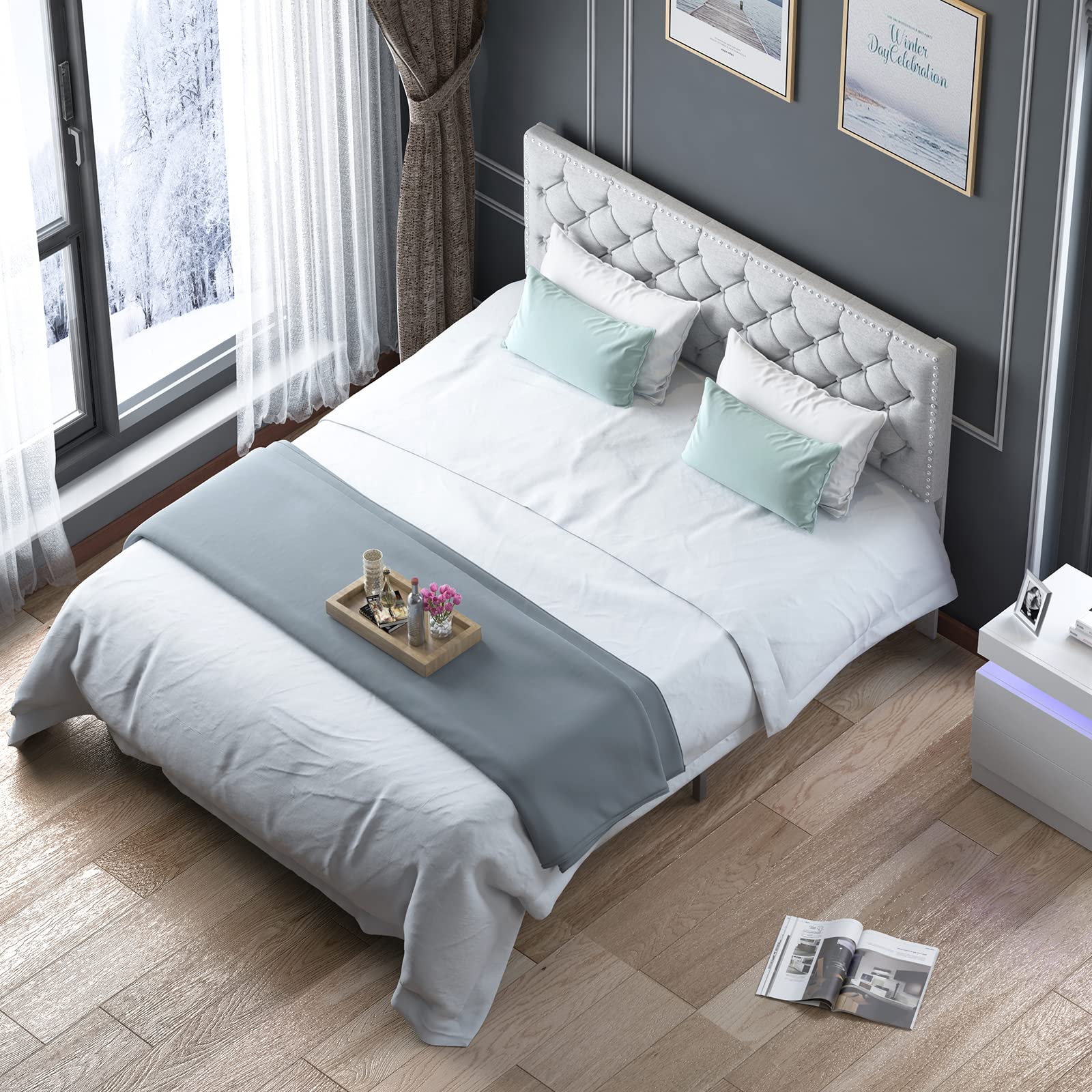 MJkone King Size Bed Frame with Adjustable Headboard - Upholstered Platform Bed with Wooden Slats, No Box Spring Required, Tufted Mattress Foundation for Bedroom (Light Grey) - Perfect for Master Bedrooms, Guest Rooms & Modern Home Decor