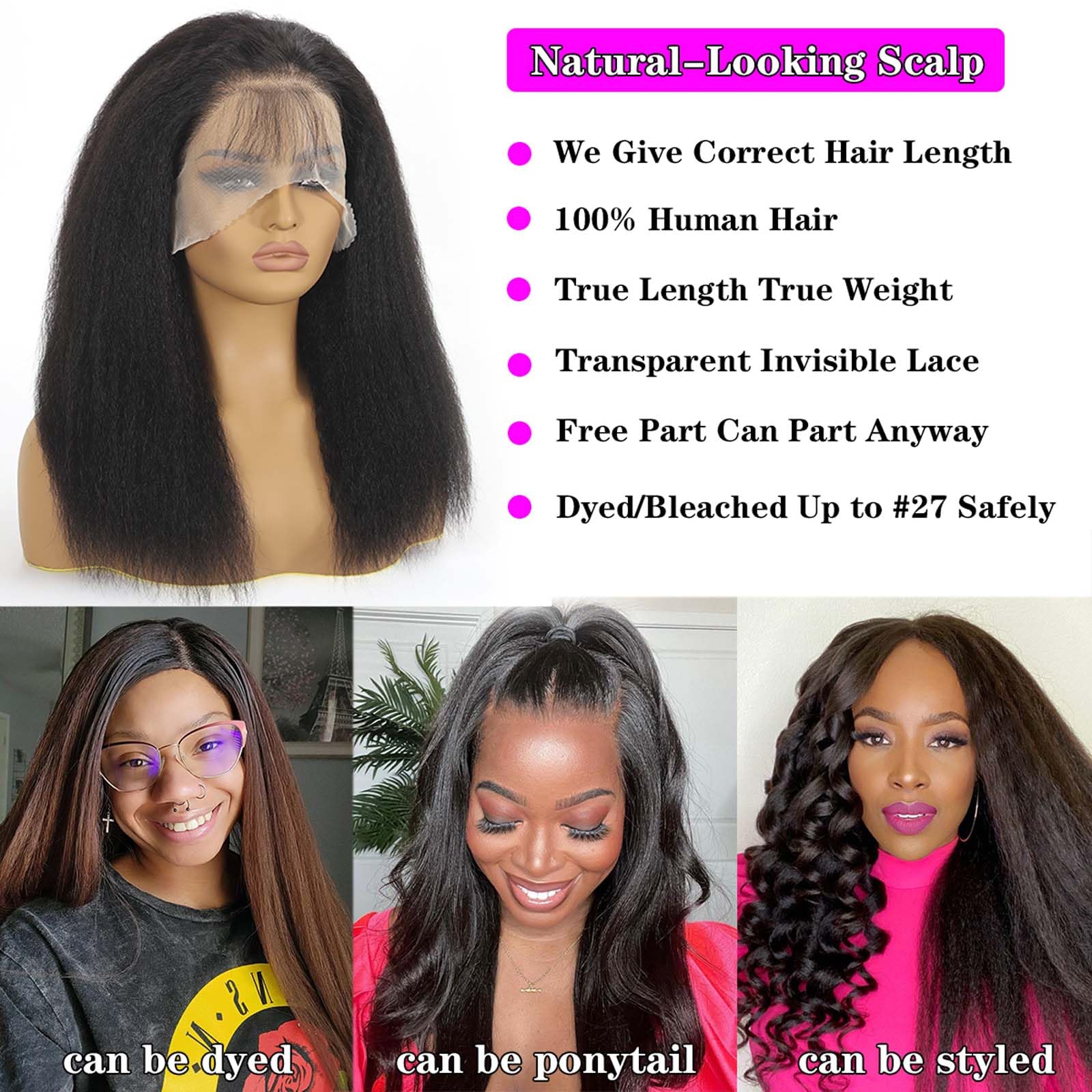 AZW Kinky Straight Human Hair Wigs for Black Women - 180 Density 13x4 HD Lace Front Wig with Baby Hair & Bleached Knots | Glueless Pre-Plucked Lace Closure Wig (20 Inch, Black) | Perfect for Daily Wear, Special Occasions & Protective Styling