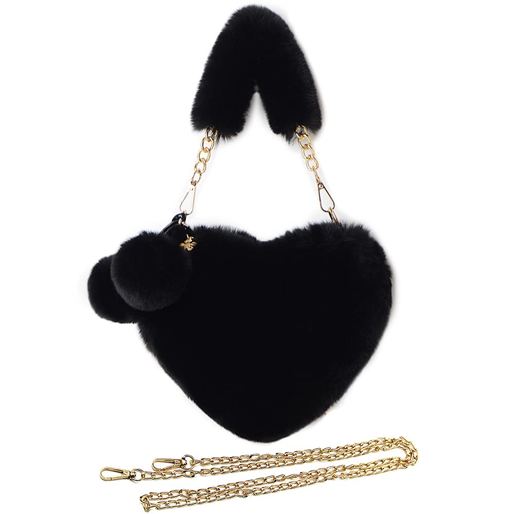 Rejolly Fluffy Faux Fur Heart Shaped Handbag for Women & Girls - Soft Small Shoulder Bag Clutch Purse for Parties, Dates & Casual Outings