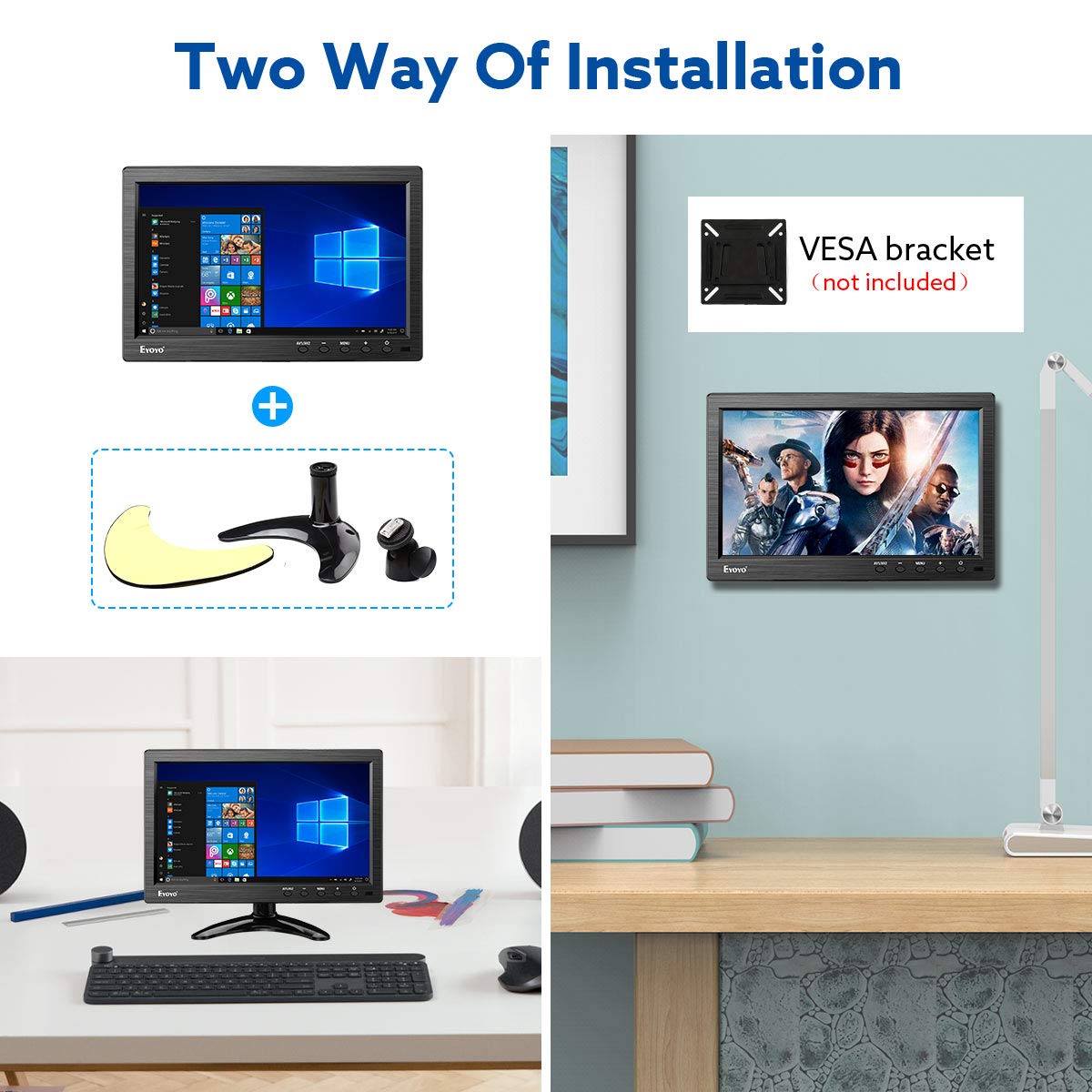 Eyoyo 10 Inch HD TFT LCD Monitor - 1024x600 Resolution, Supports AV/VGA/BNC/HDMI Input for CCTV, DVD, PC & DVR - Built-in Speakers & Remote Control - Ideal for Security Systems, Gaming & Home Entertainment