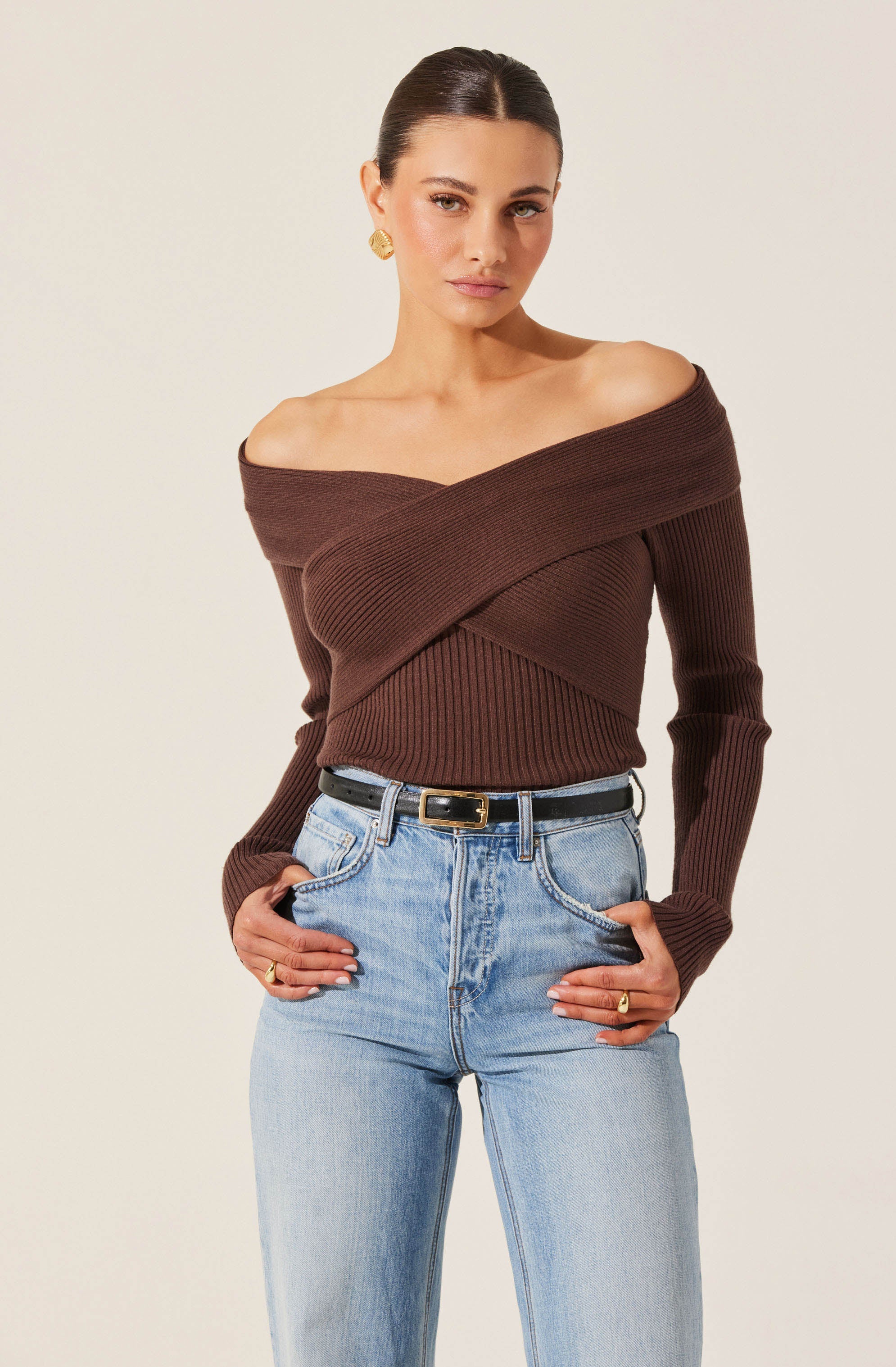 Off Shoulder Crossover Sweater Women's Fashion - Casual Knit Pullover for Fall & Winter - Perfect for Date Night, Office Wear & Weekend Outfits