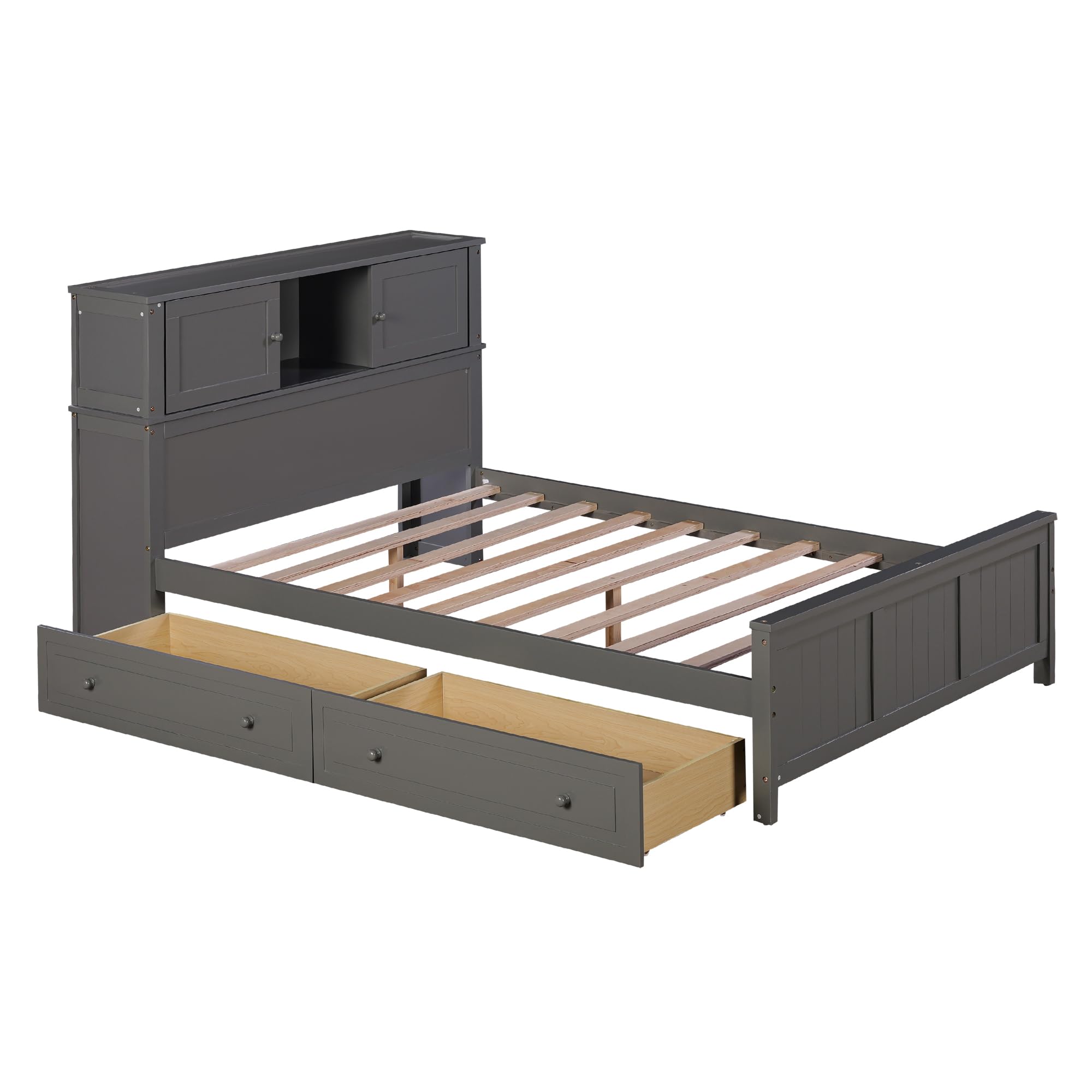 LZ LEISURE ZONE Full Size Platform Bed Frame with Storage Drawers & Sliding Door Headboard - Sturdy Wood Bed with Underbed Storage - Gray - Perfect for Small Bedrooms, Guest Rooms & Dorm Rooms