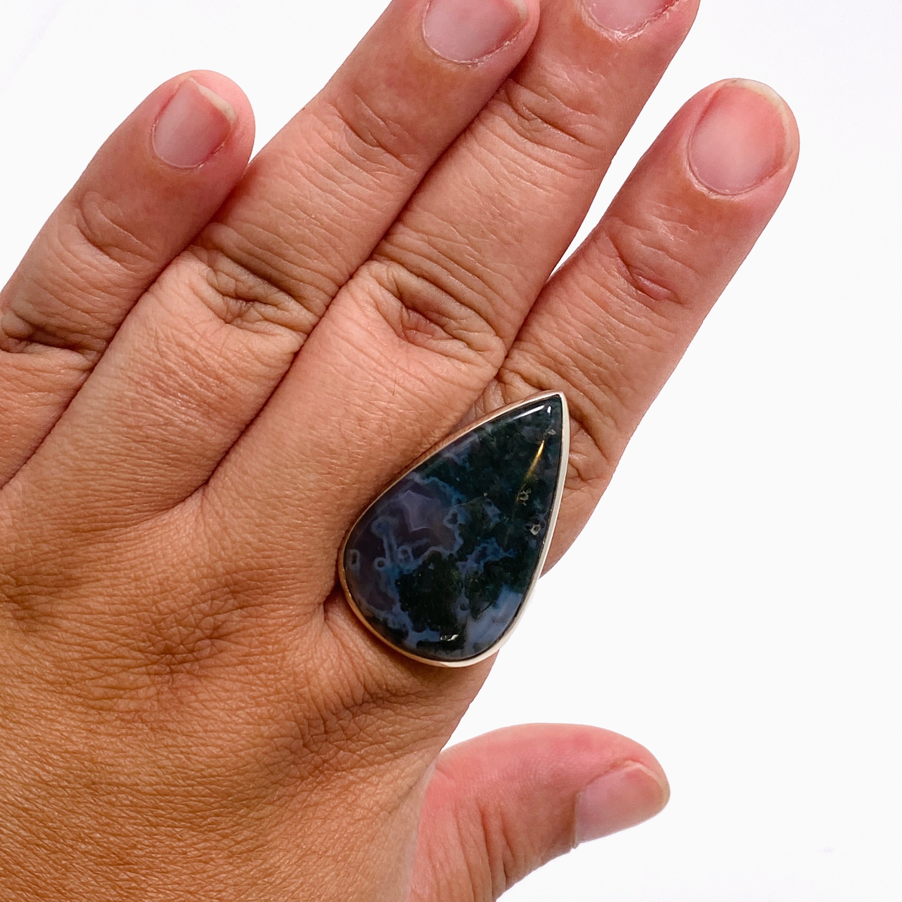 Natural Moss Agate Teardrop Cabochon Ring - Size 11 | Handmade Sterling Silver Jewelry for Women | Perfect for Boho Style, Wedding & Everyday Wear
