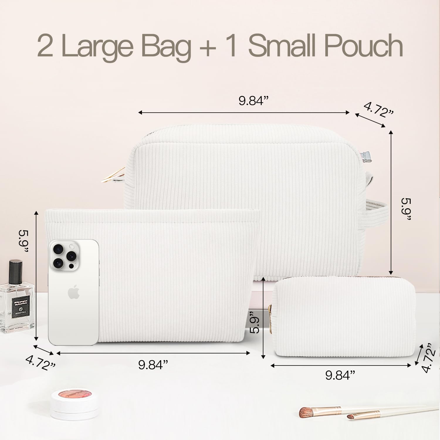 3-Piece Corduroy Makeup Bag Set for Women - Travel Cosmetic Organizer with Brush Storage Pouch, Toiletry Essentials for On-the-Go (White) | Perfect for Vacation, Gym & Daily Beauty Routine