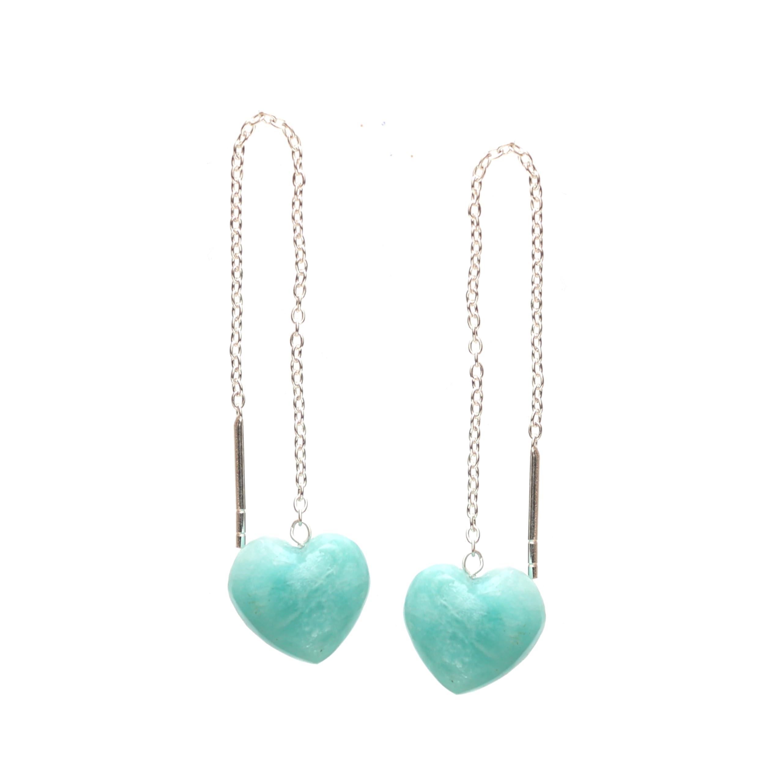 Amazonite Heart Threader Drop Earrings for Women - 925 Sterling Silver Dangle Long Chain Lightweight Gemstone Jewelry - Perfect for Daily Wear, Office & Special Occasions