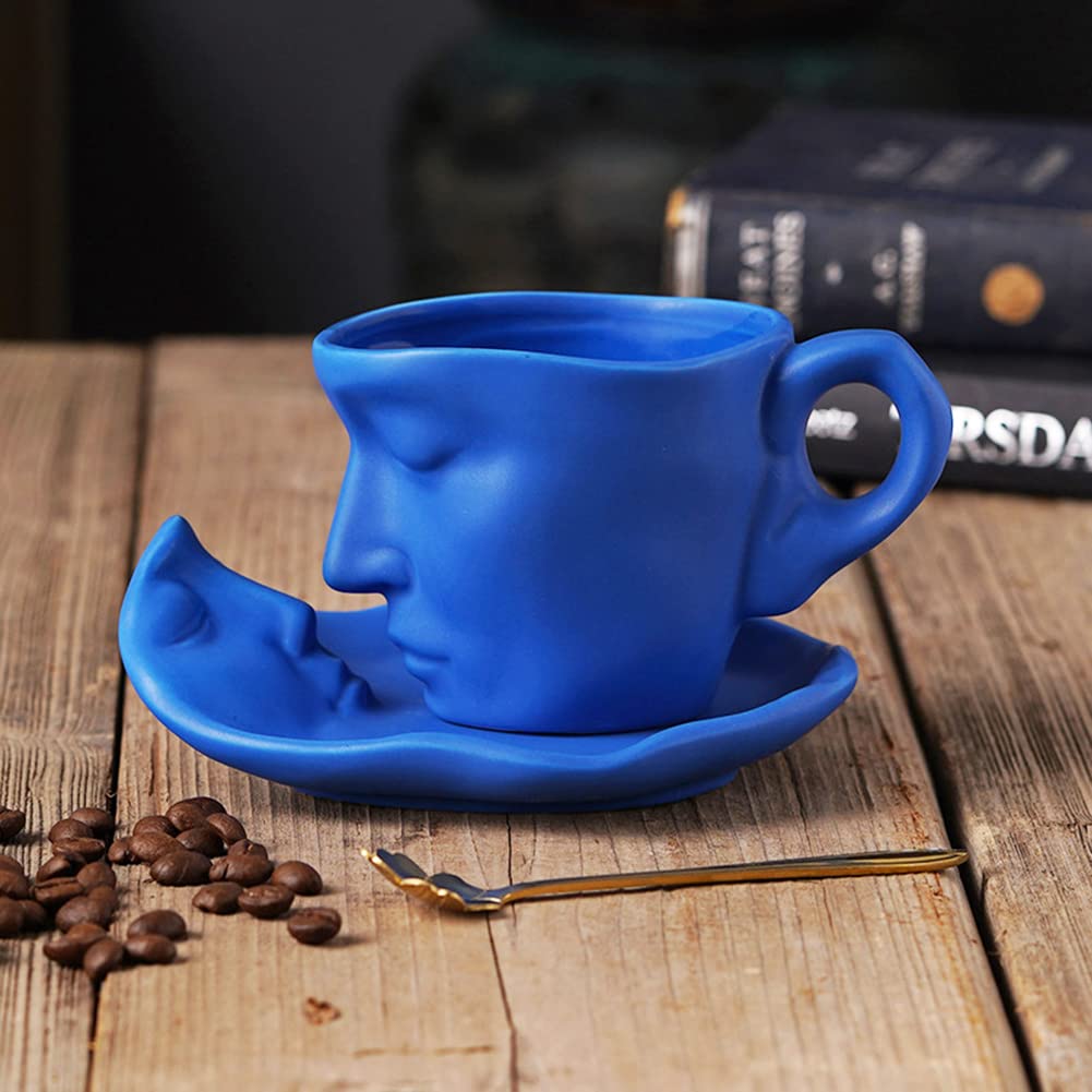 Premium Ceramic Coffee Mug Set - 6-Piece Cappuccino Latte Cup & Saucer for Espresso, Tea - Microwave & Dishwasher Safe Blue Porcelain Cups - Perfect for Home, Office & Cafe Use
