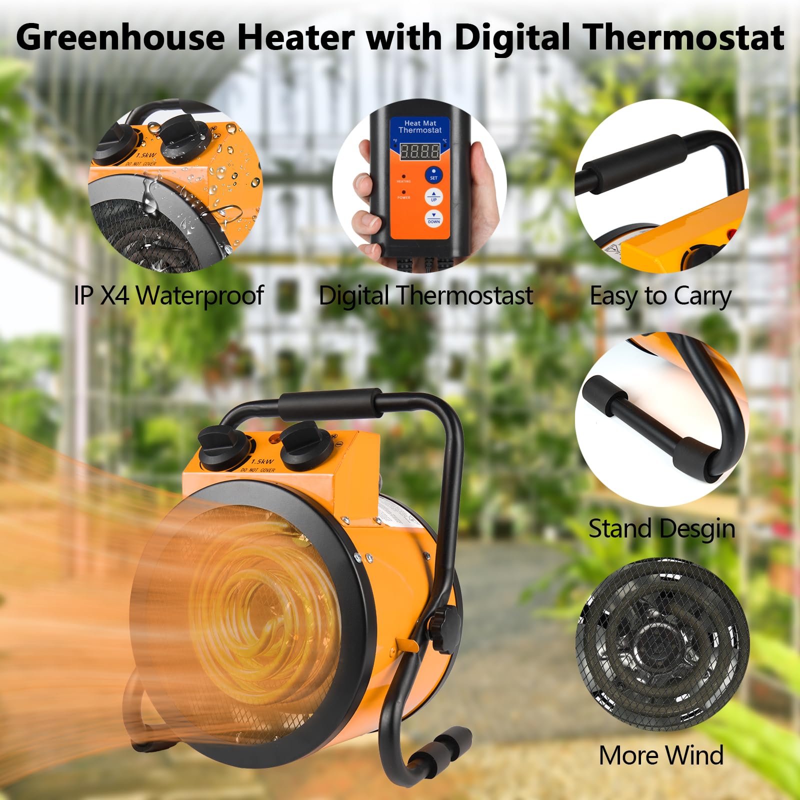 1500W Greenhouse Heater with Digital Thermostat - 2 Fast Heating Modes & Overheat Protection - Electric Grow Tent Heater for Greenhouses, Flower Rooms, Patios - Perfect for Winter Plant Protection & Indoor Gardening (110-120V) - YE