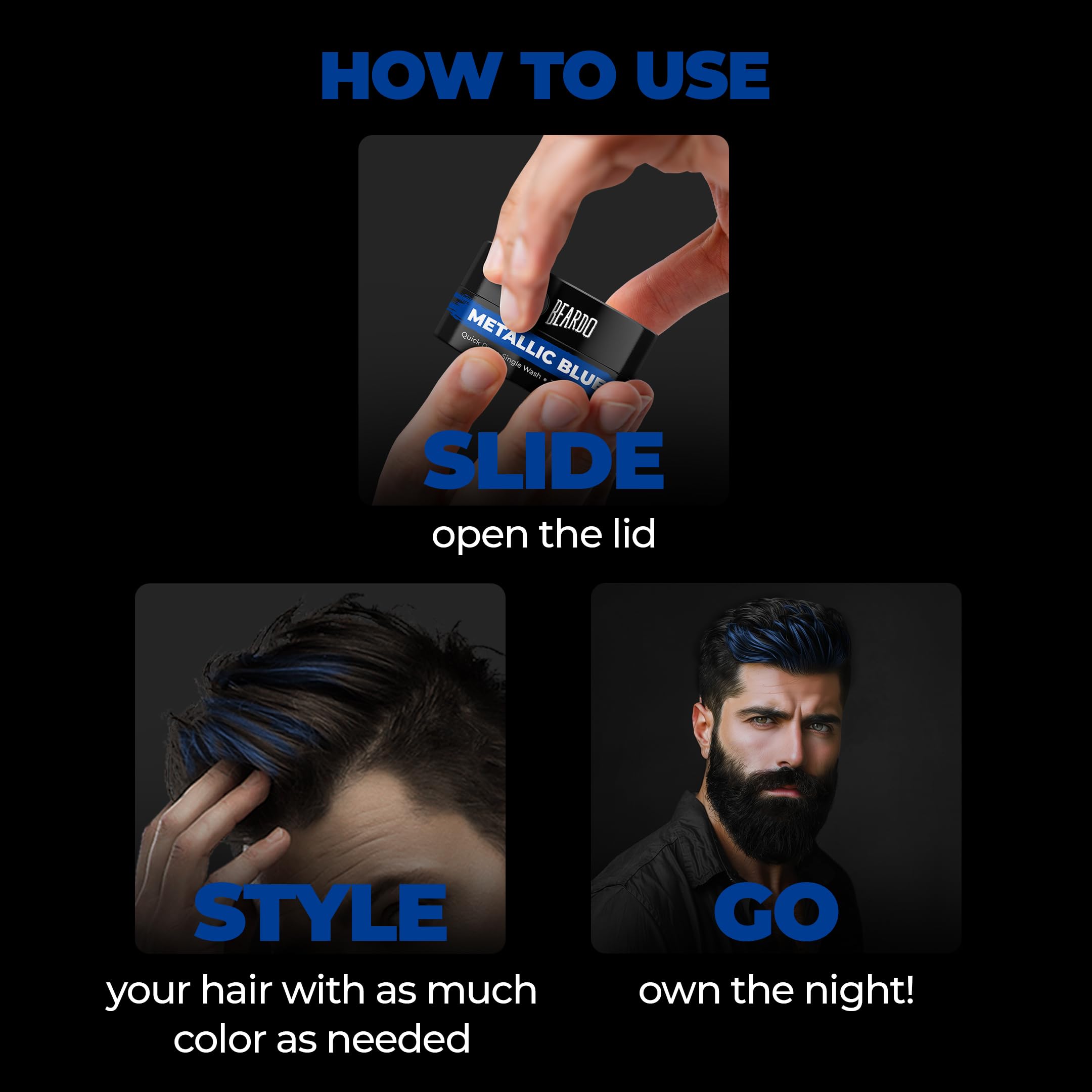 Beardo Dye Hard Temporary Hair Color - Metallic Blue, 25g | 1-Day Washable Hair Dye for Men | No Bleach, No Ammonia, Safe DIY Hair Makeup | Perfect for Halloween, Cosplay & Parties