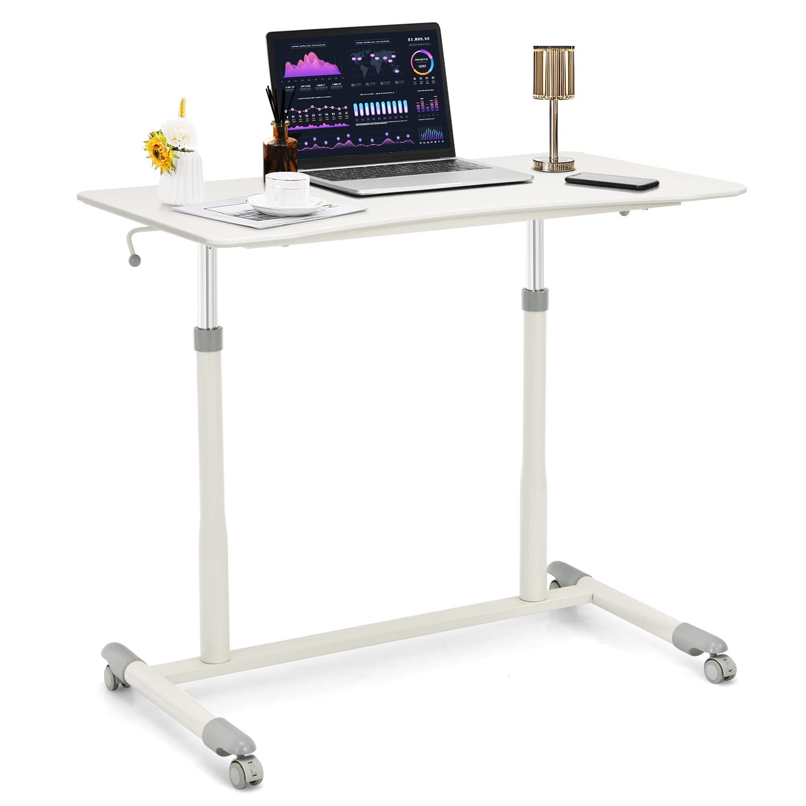 COSTWAY Adjustable Height Standing Desk - Compact Pneumatic Sit Stand Computer Desk with Lockable Wheels & Steel Frame, Ergonomic Rolling Laptop Table for Home Office (White) | Perfect for Small Spaces, Remote Work & Study