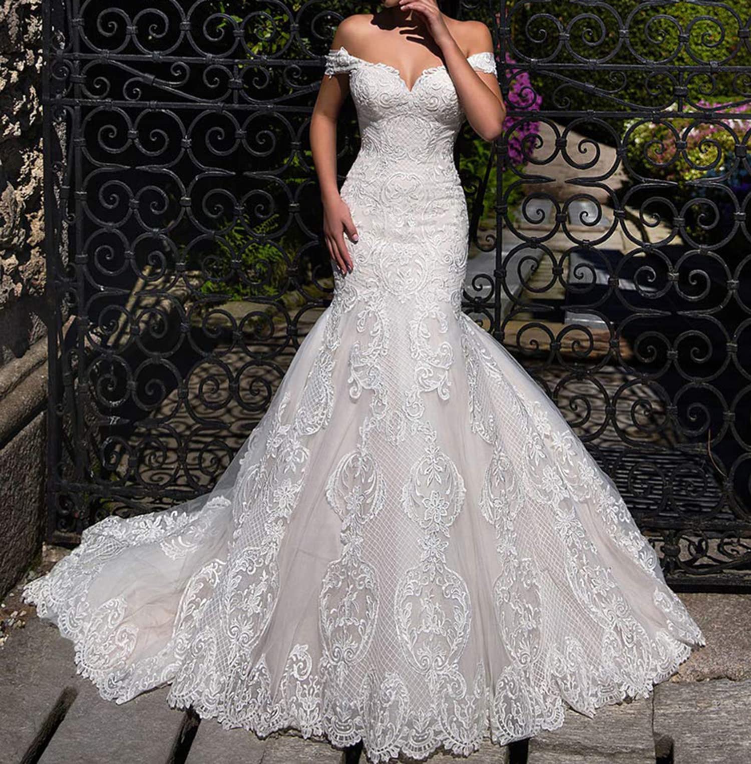 Fenghauvip Mermaid Wedding Dress | Off-The-Shoulder Bridal Gown with Lace-Up Back & Long Train | Perfect for Beach Weddings, Vow Renewals & Romantic Photoshoots