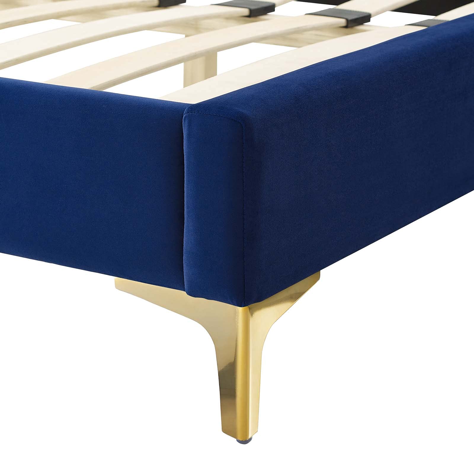 Modway Juniper Queen Size Platform Bed Frame with Navy Upholstered Headboard - Modern Bedroom Furniture for Small Spaces & Guest Rooms