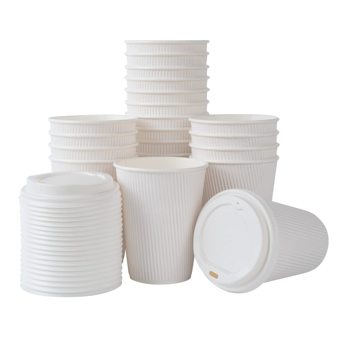 Restaurantware 12oz Insulated Coffee Cups with Lids - 200 Count White Disposable Paper Hot Cups, Leakproof & Non-Slip Design for Coffee, Tea, Hot Chocolate & Lattes - Perfect for Cafes, Offices & Catering Events