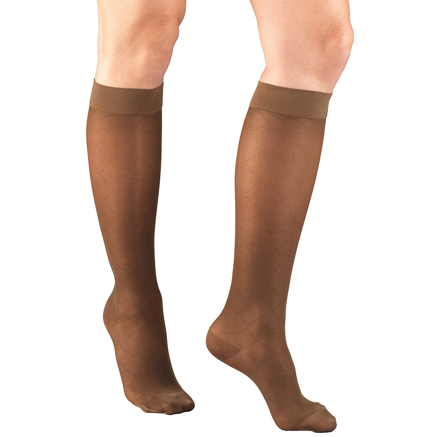 Truform Sheer Compression Stockings 15-20 mmHg - Women's Knee High Support Socks with Diamond Pattern in Espresso (Medium) - Perfect for Travel, Work & Varicose Vein Relief