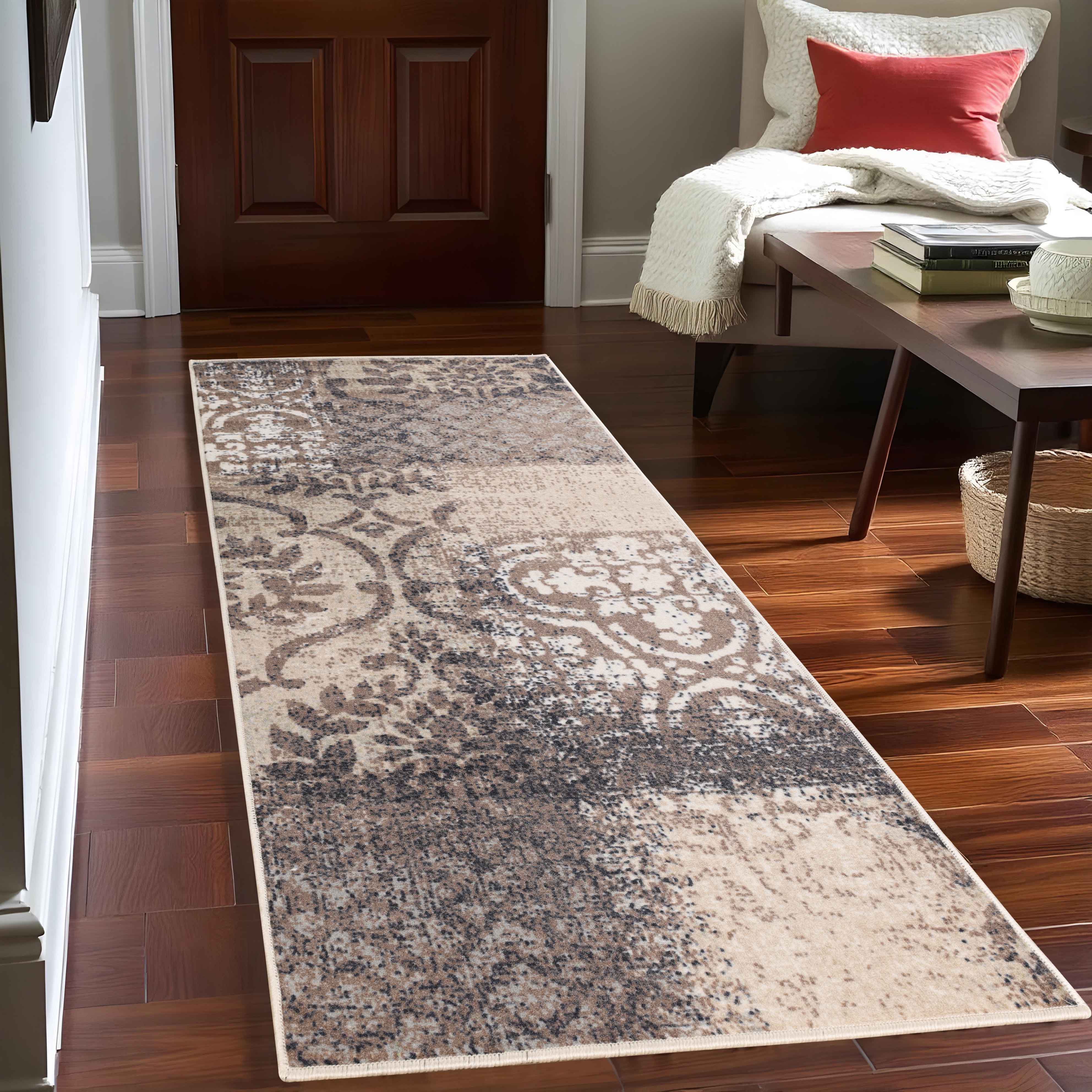 Bristol Distressed Abstract Damask Indoor Area Rug - Non-Slip Living Room Carpet Runner for Bedroom, Hallway & Entryway Decor