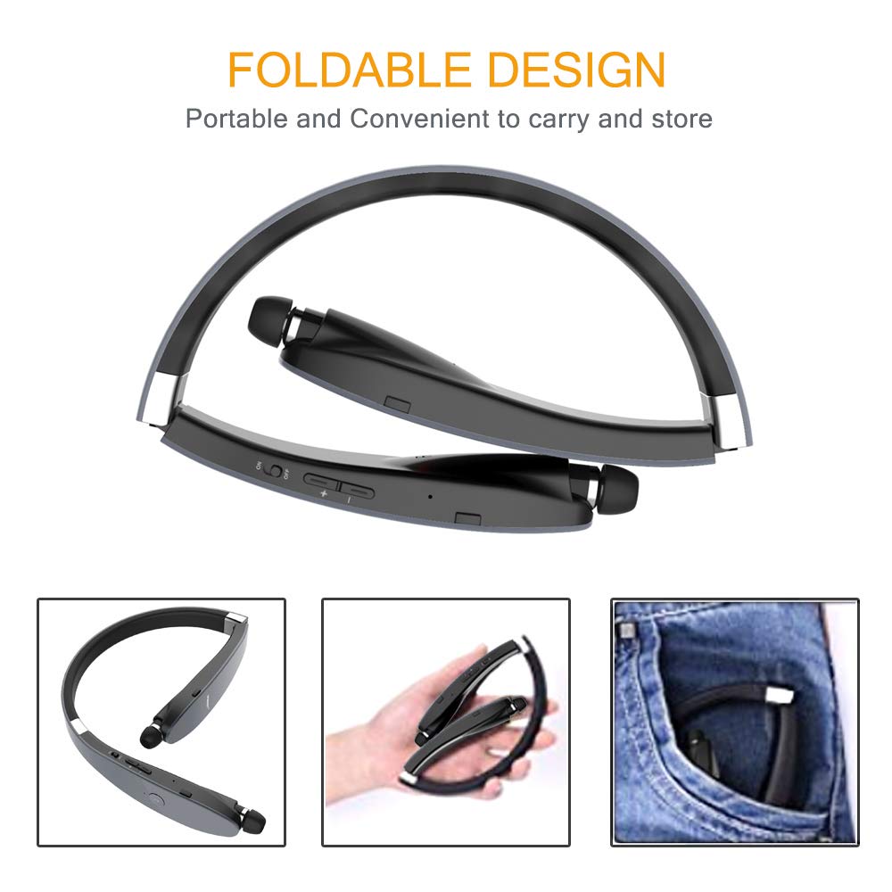 Foldable Bluetooth Headphones - Lightweight Retractable Wireless Headset with Noise Cancelling for Running, Gym & Workout | Comfortable Neckband Design with Carry Case (Gray Matte) | Perfect for Commuting, Travel & Fitness Activities