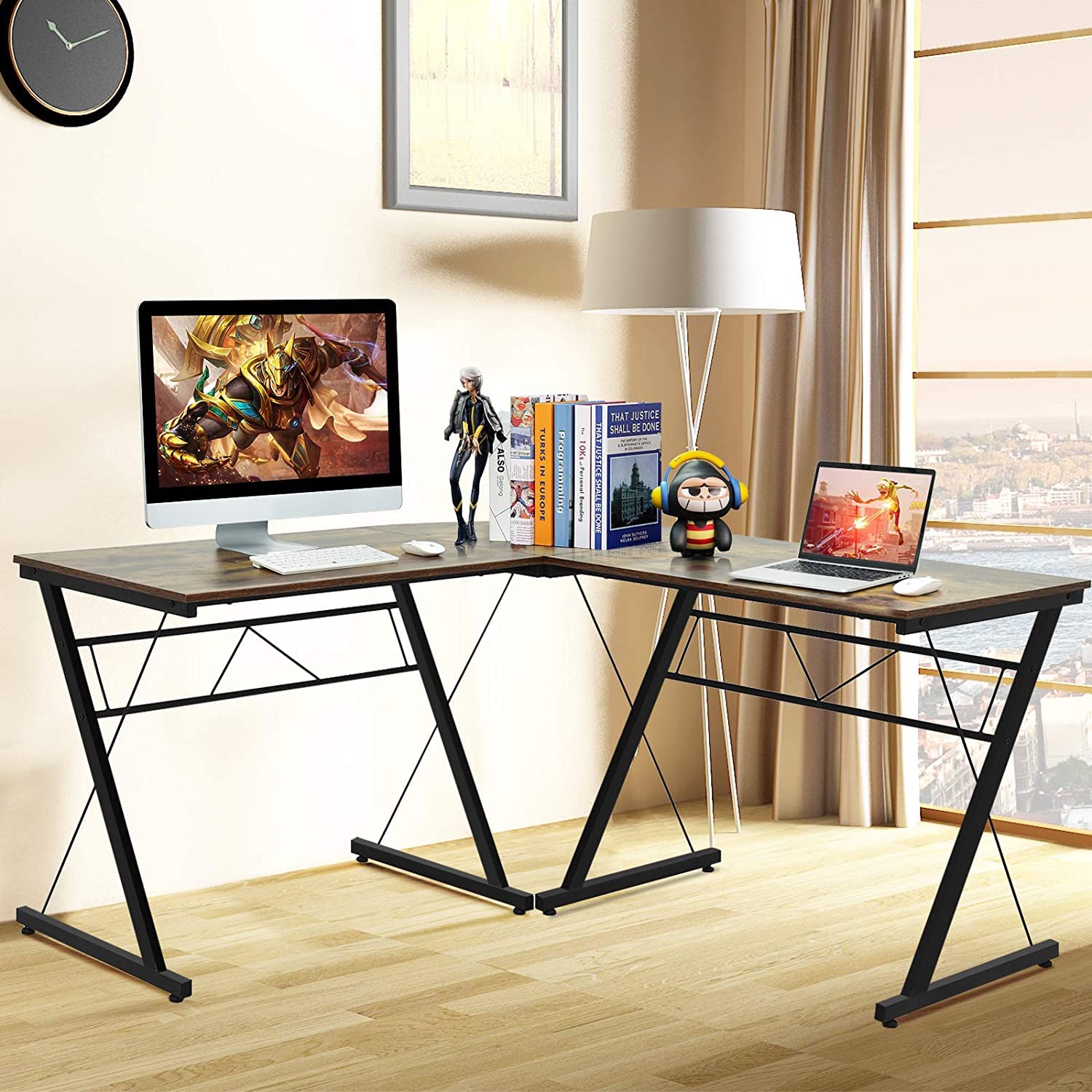 GRAFFY L-Shaped Gaming Desk with Large Monitor Stand - Ergonomic Home Office Computer Workstation, Multifunctional Corner Desk for PC & Laptop (Black) - Perfect for Small Spaces, Streaming & Remote Work