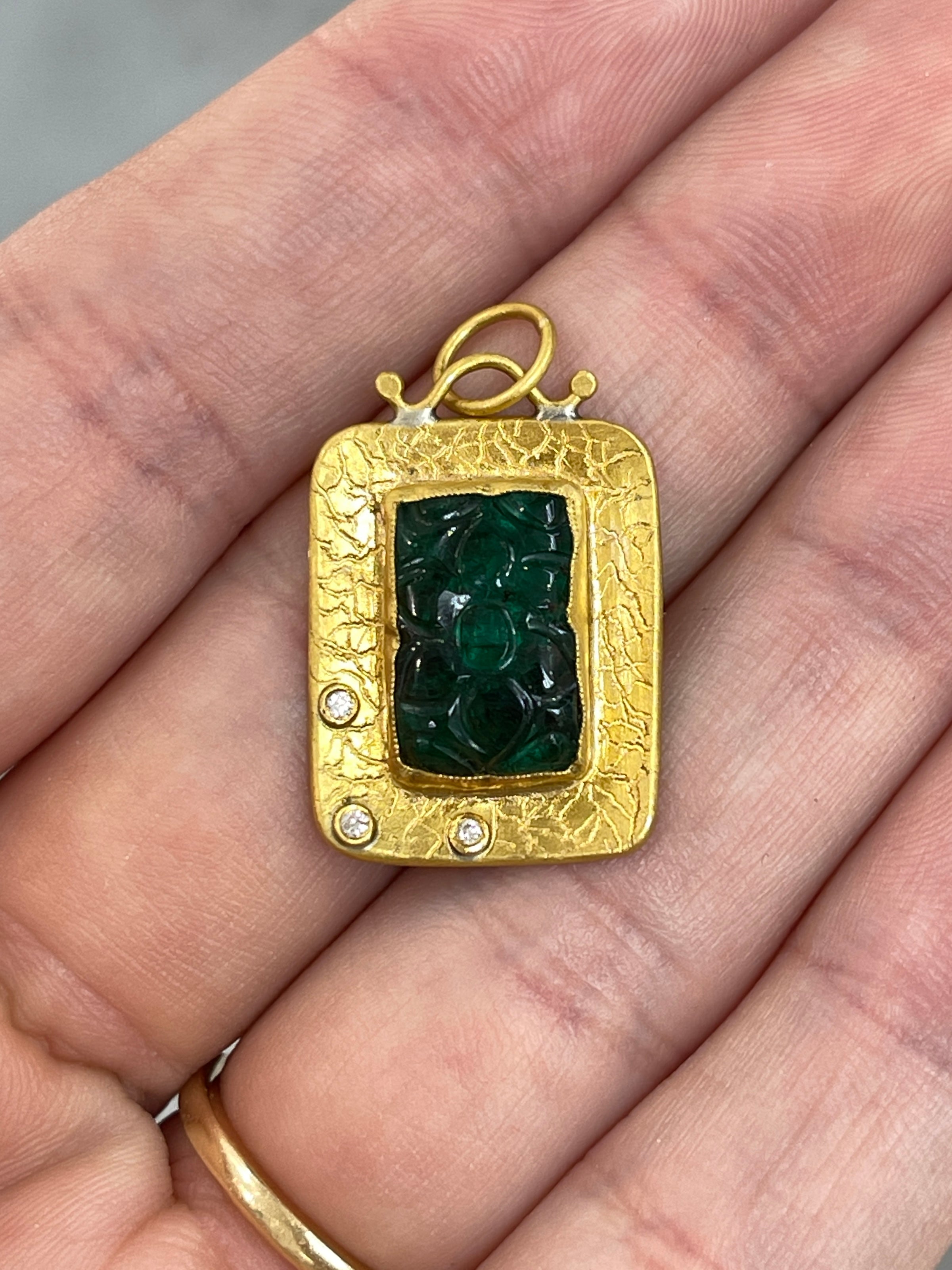6.35 Carat Floral Hand-Carved Emerald & Diamond 24K Gold Pendant Necklace for Women | Elegant Jewelry Gift for Anniversary, Wedding & Special Occasions