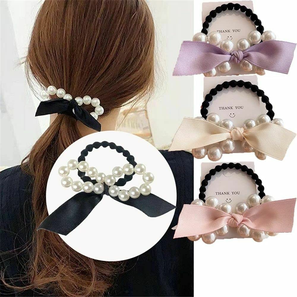 BAKEFY 6-Piece Pearl Bow Hair Bands Set - Elegant Bowknot Headbands with Ribbon Hair Ties for Women & Girls | Perfect for Weddings, Parties, and Everyday Fashion Accessories