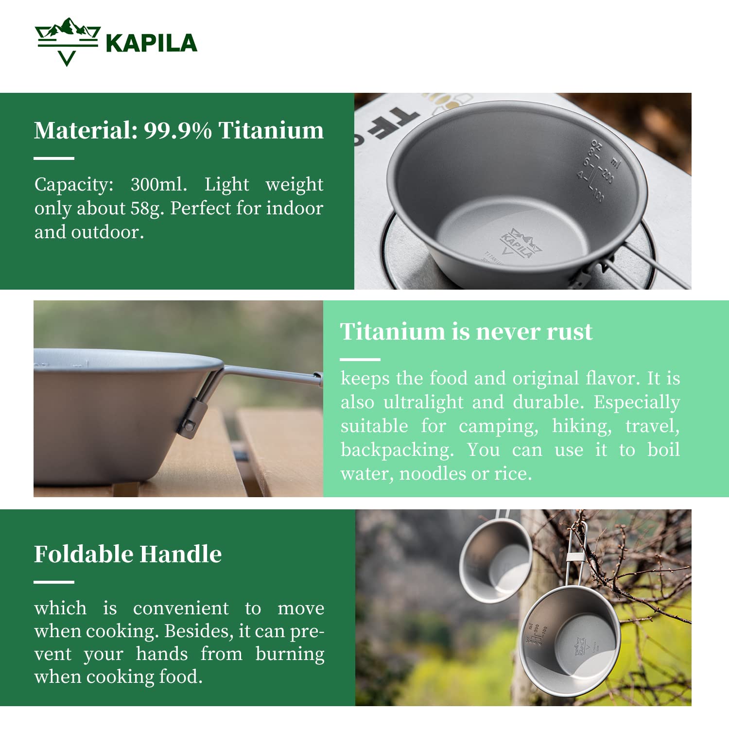 KAPILA 300ml Titanium Camping Bowl with Folding Handle - Lightweight Outdoor Tableware for Hiking, Backpacking & Picnic (Dish, Cup, Cookware)